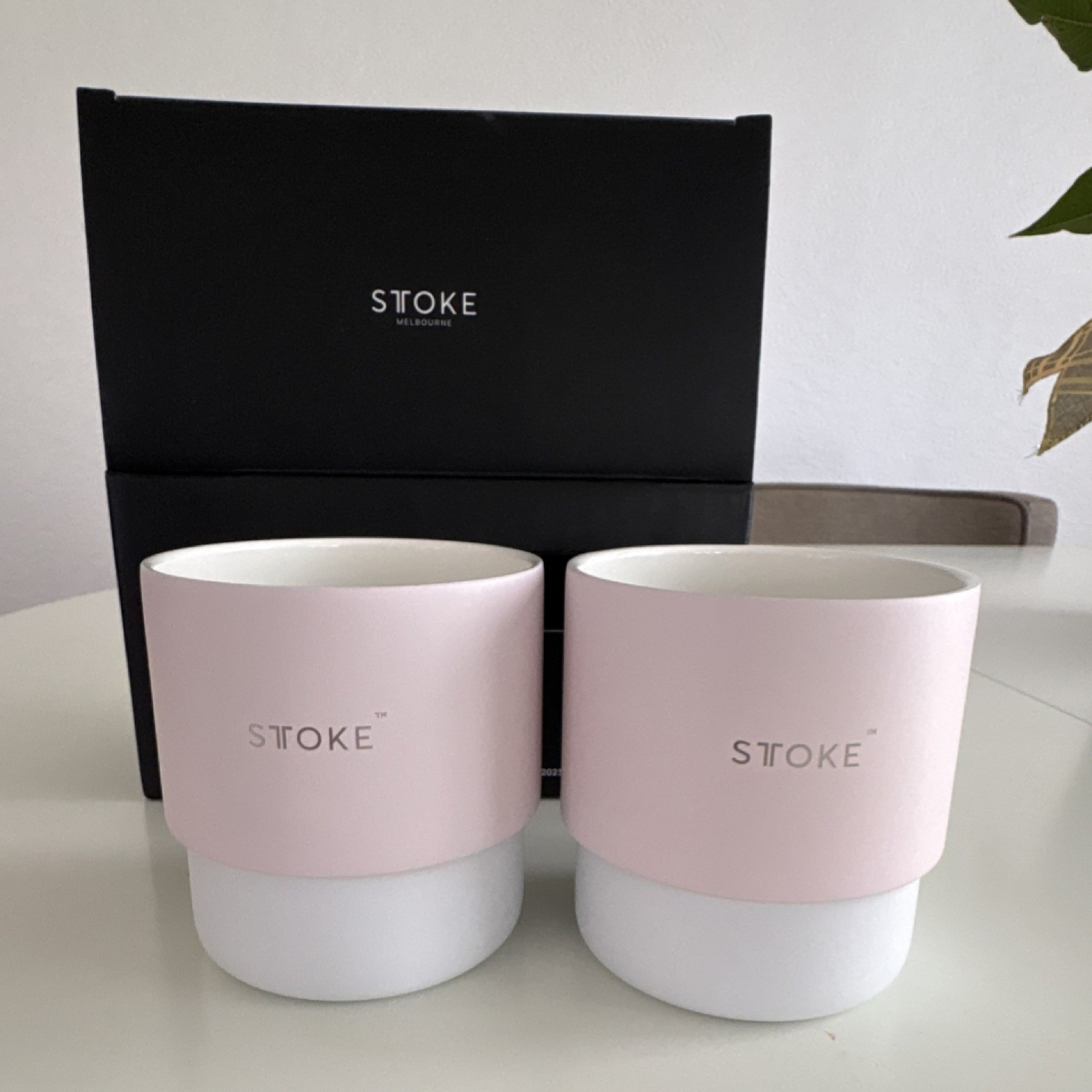 Sttoke Ceramic Coffee Mug Set Pink & White 7oz Dishwasher Friendly Two-Piece