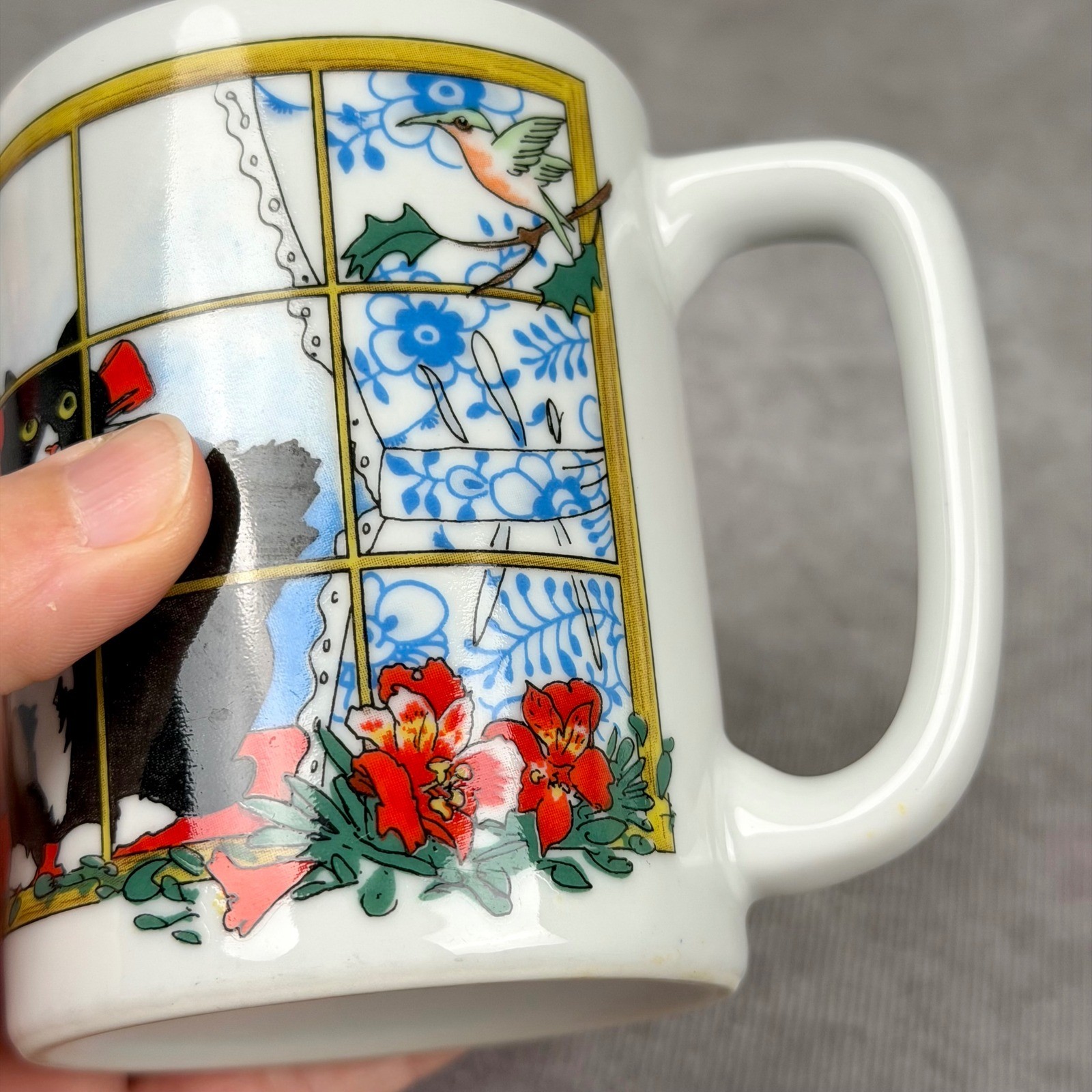 Otagiri Cindy Sugawara Tuxedo Cat Hummingbird Coffee Mug Japan Vintage White