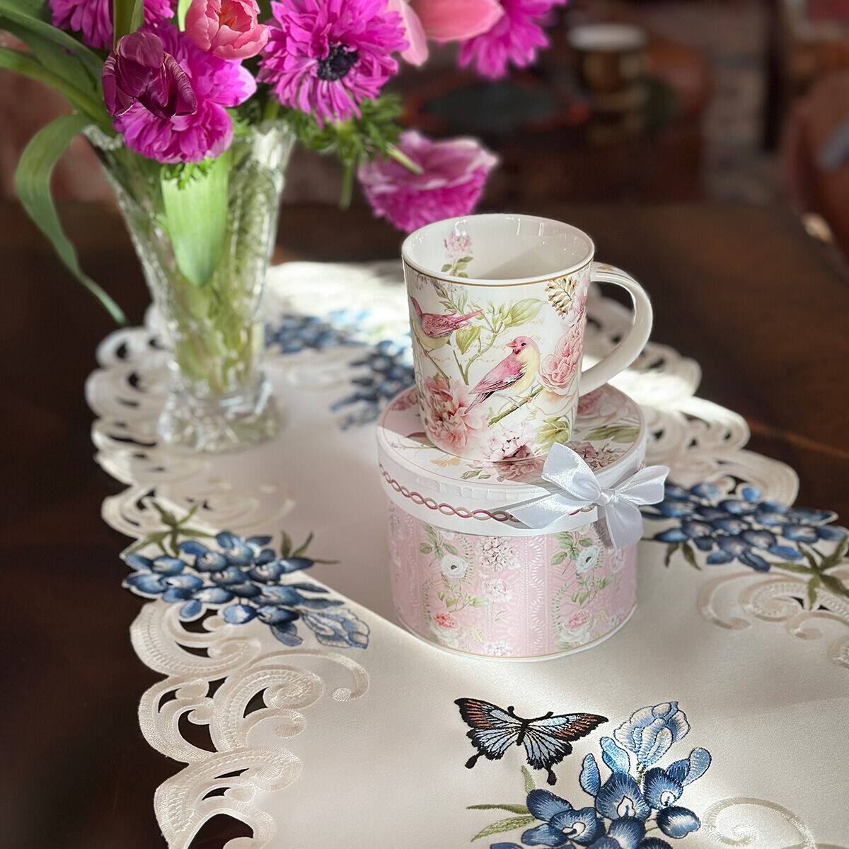 Birds in Rose Garden Bone China Mug Coffee Tea Mug 10 fl oz Mug