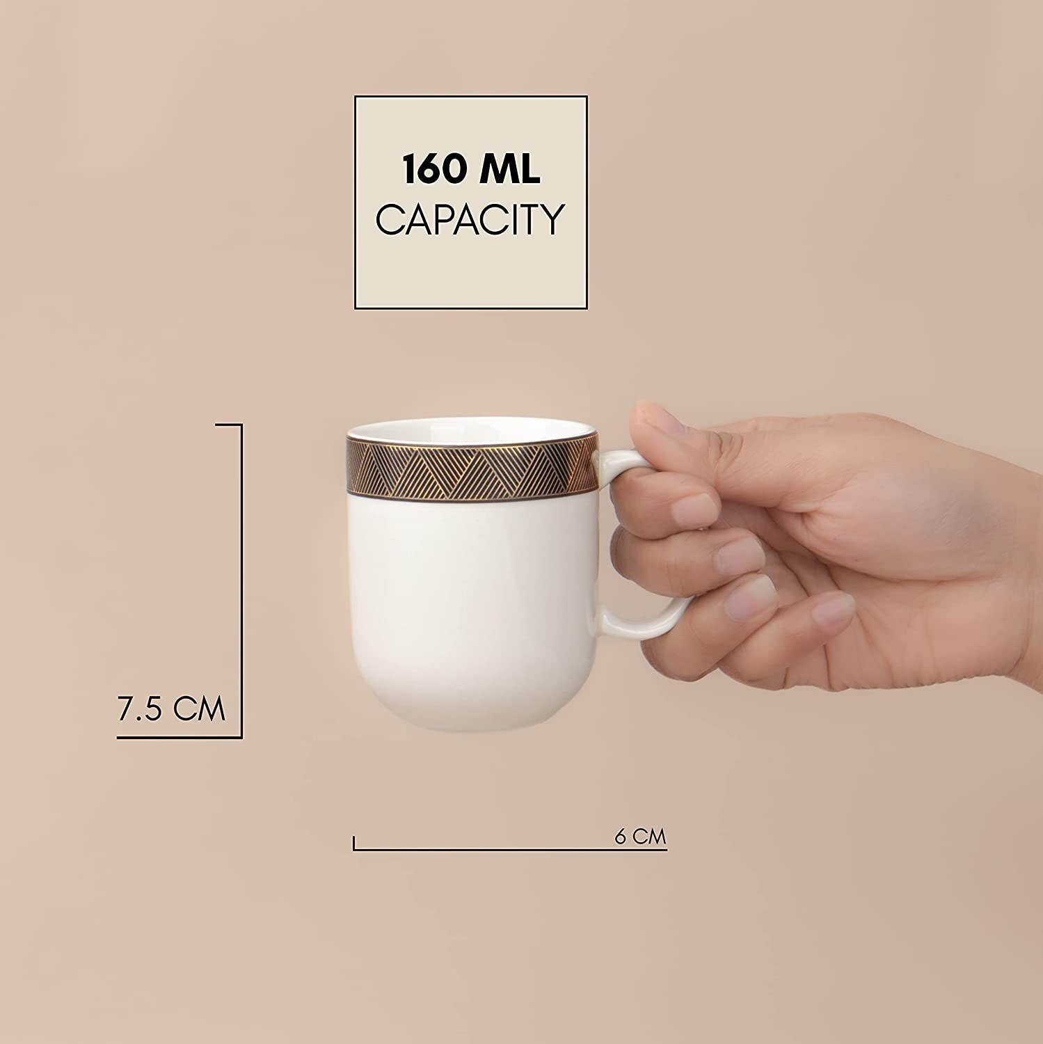 Tea Cup Set of 6 ,White with Black Gold Line Design, 160ml