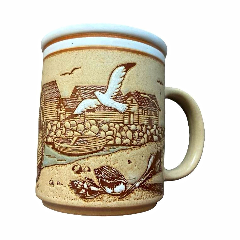 Set of 4 Ceramic Coffee Mugs 10 fl oz Nautical Seagull Harbor Scene Beige Blue