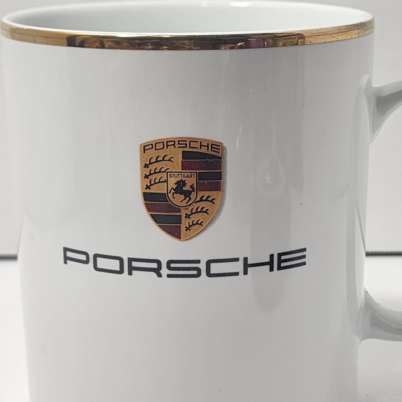PORSCHE Crest Logo White Gold Trim Coffee Mug/Tea Cup Made in Germany