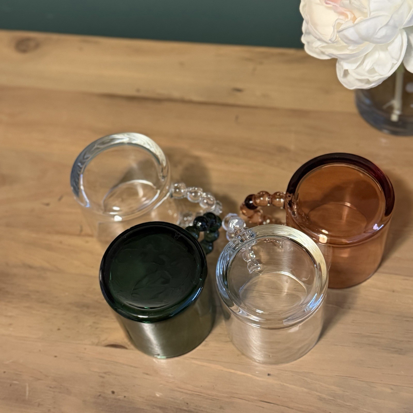 Set of 4 Glass Mugs Bubble Handle Clear Green Amber Modern Coffee Cups