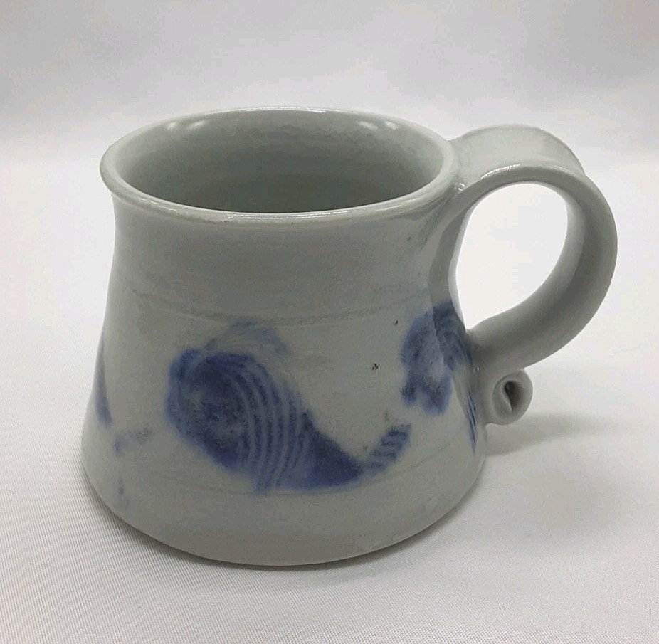 Small Blue & Light Gray Abstract Koi Fish Art Pottery Tea Cup Coffee Mug Signed