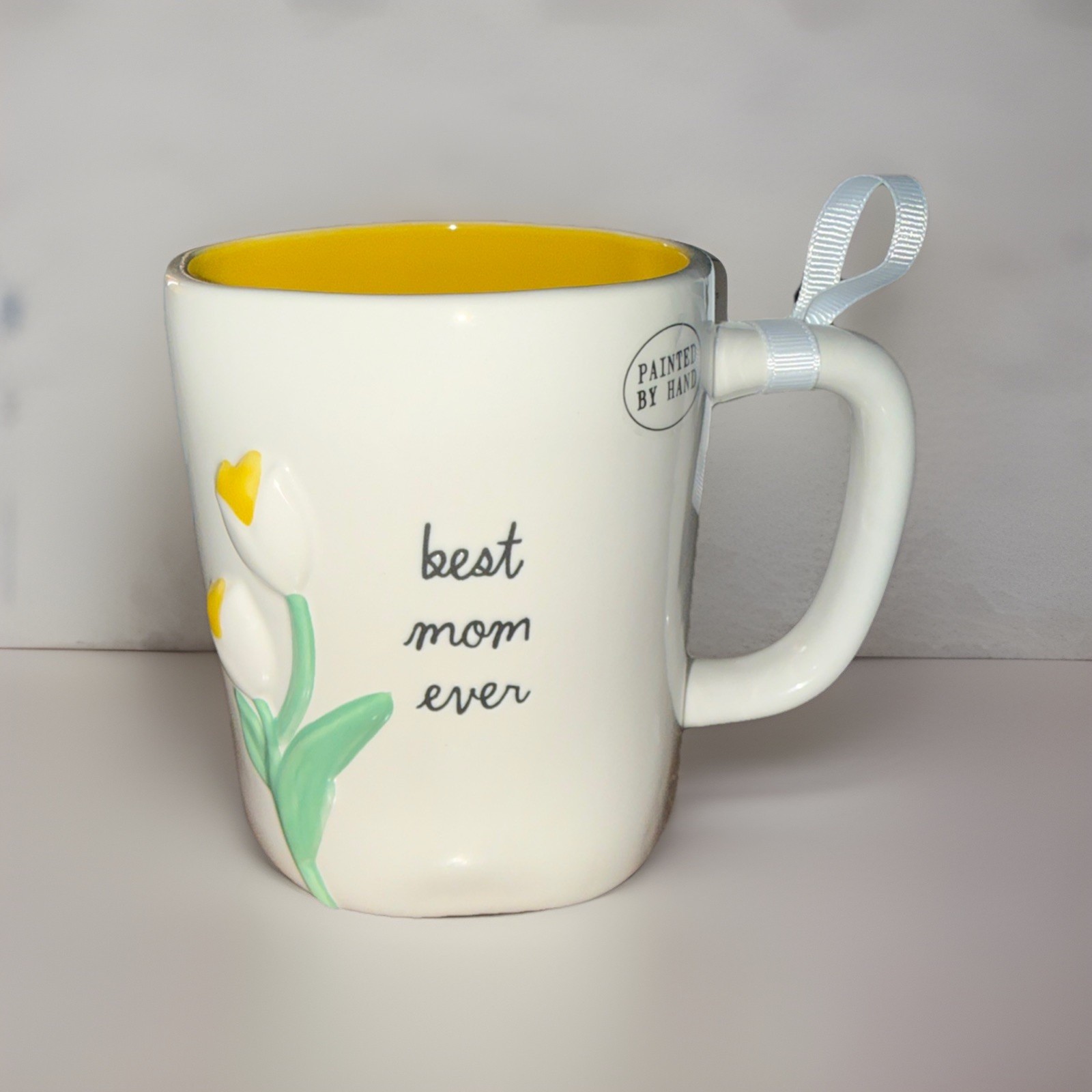 BEST MOM EVER Rae Dunn White Ceramic Mug With 3D Tulips NWT Mother’s Day