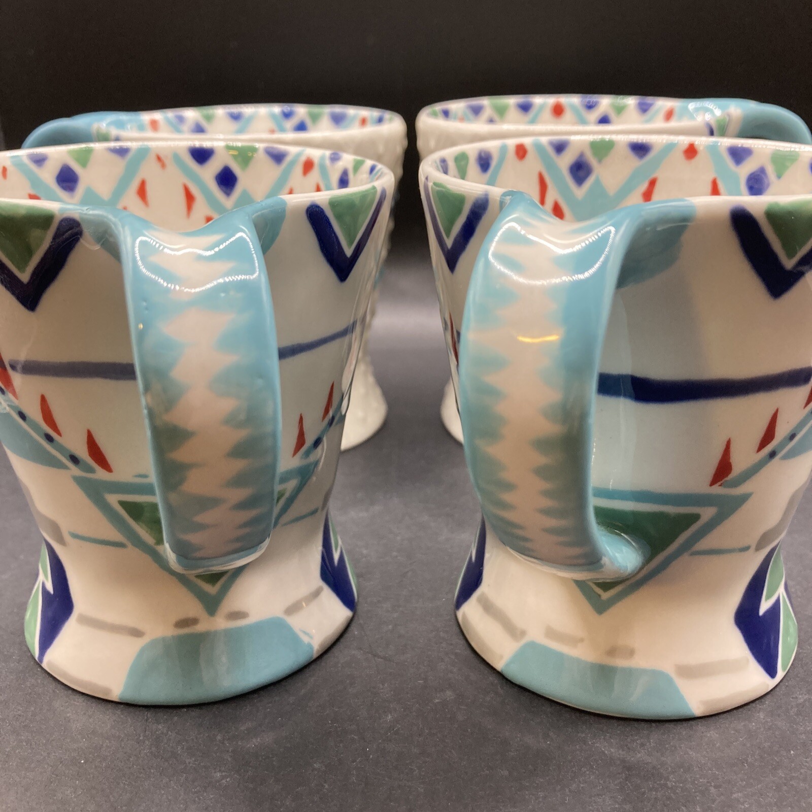 Set Of 4 Aztec Print Hand Painted Footed Coffee Mugs Tribal VShaped Unbranded
