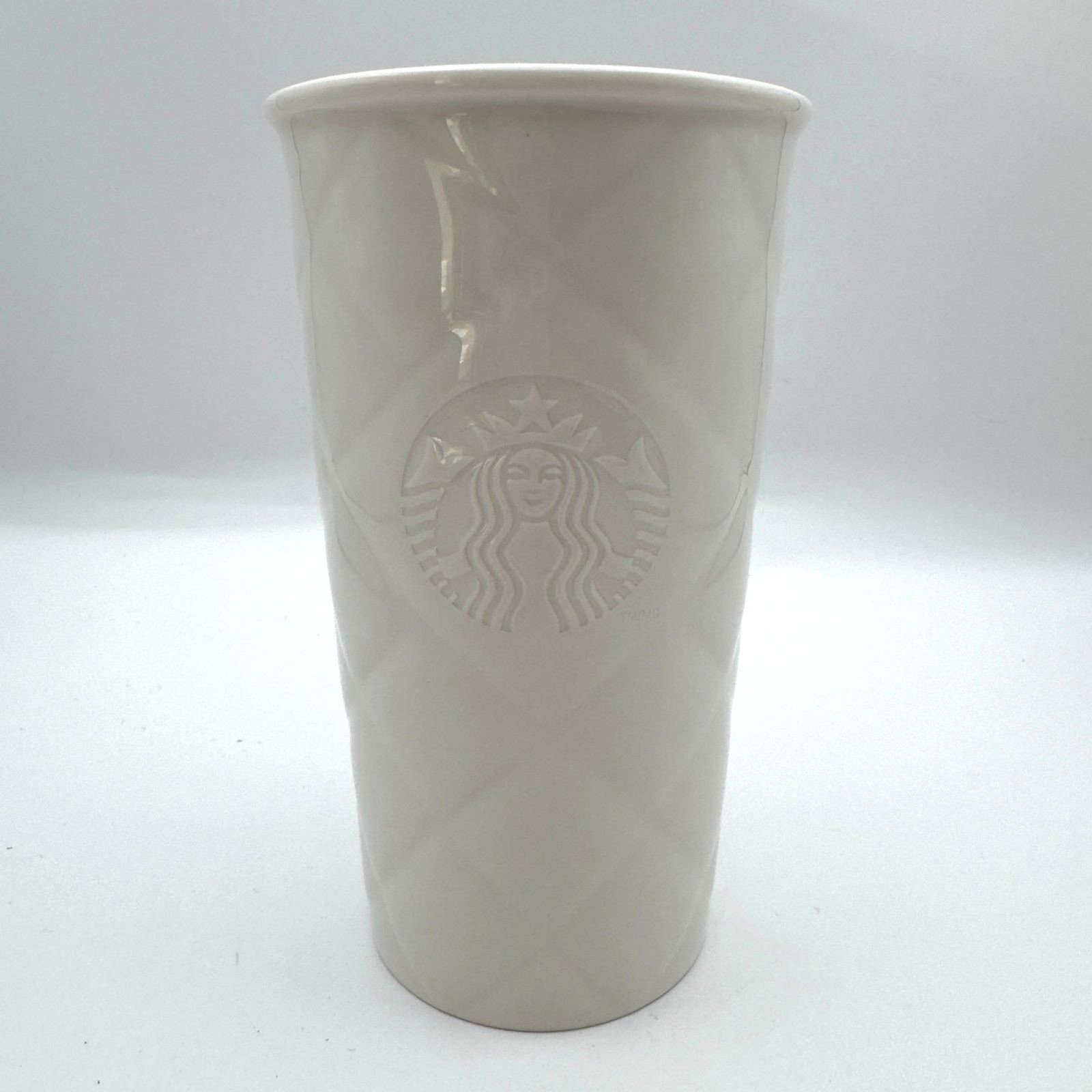 Starbucks 2012 White Quilted Ceramic Travel Tumbler With Lid 10oz