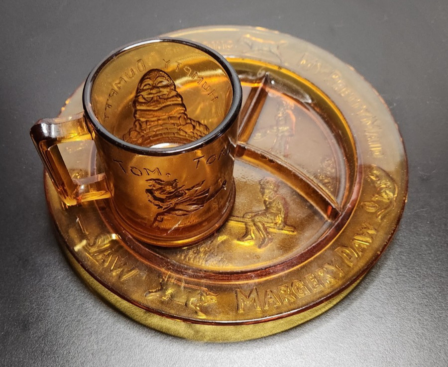 Vintage 1970’s Indiana Glass for Tiara Amber Children’s Nursery Rhyme Plate/Cup