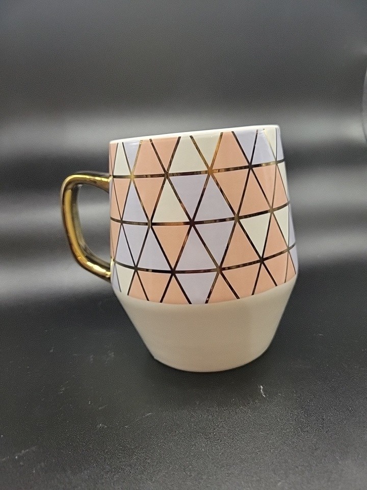 Mug From Edible Arrangements Geometric Design In Peach And Blue Gold Handle 5″