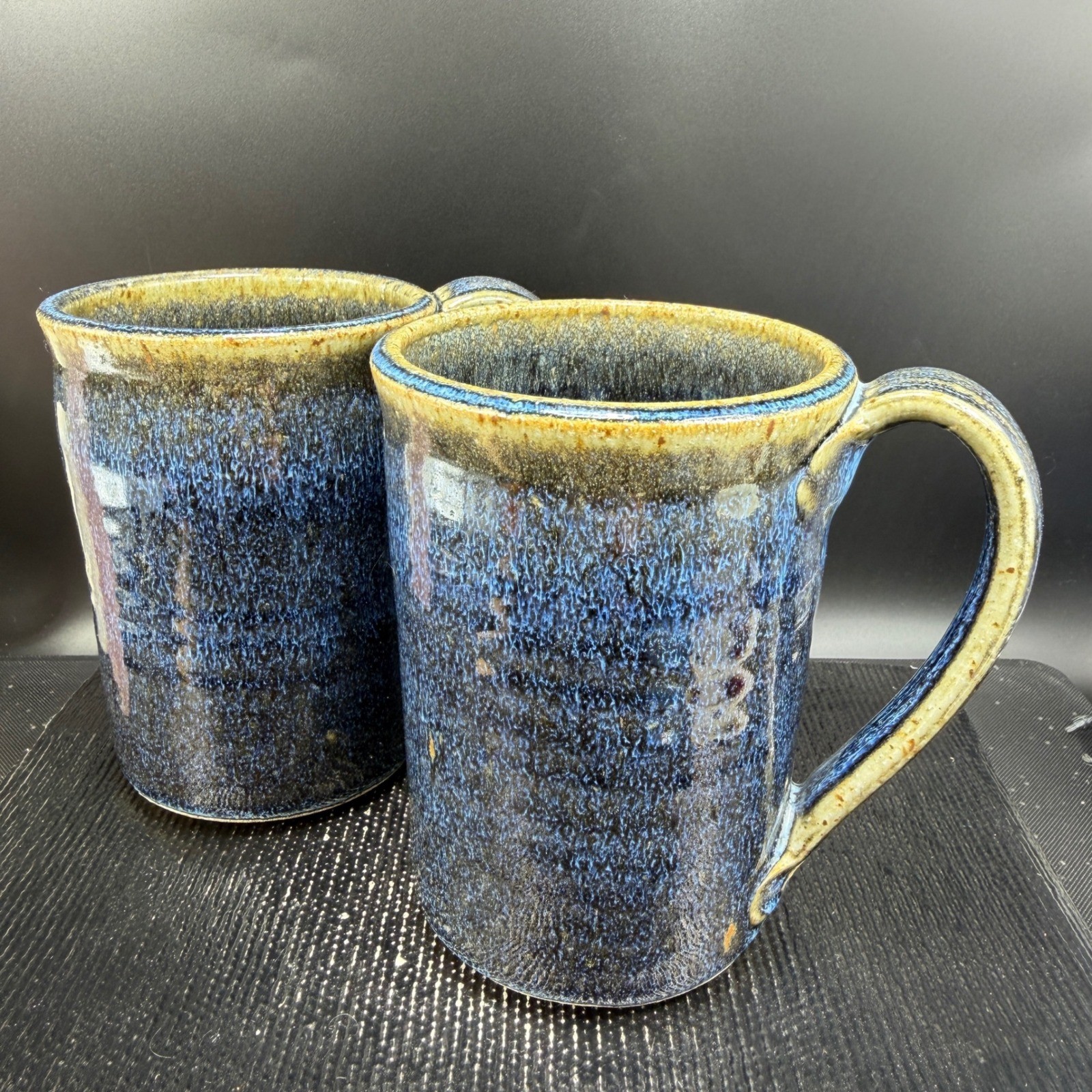 Studio Pottery Blue Tan Drip Glaze Stoneware Mugs Set of 2 Handcrafted 5in