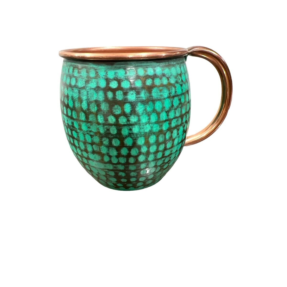 Mexican Handcrafted Recycled Copper Set of 2 Barrel Mugs, Mint Patina Finish