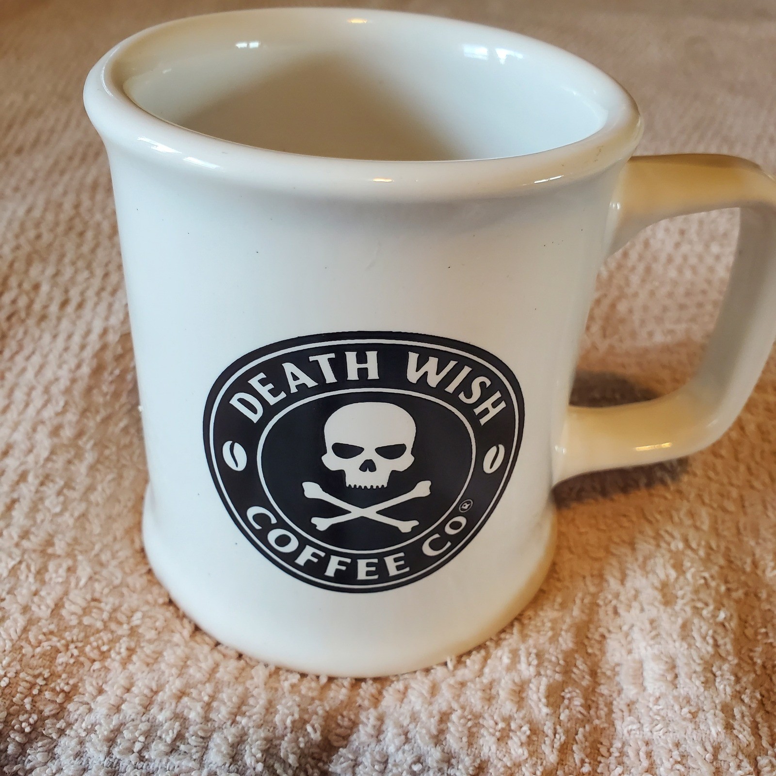 Death Wish Coffee Co White Ceramic Diner Mug Skull Crossbones Logo Made in USA