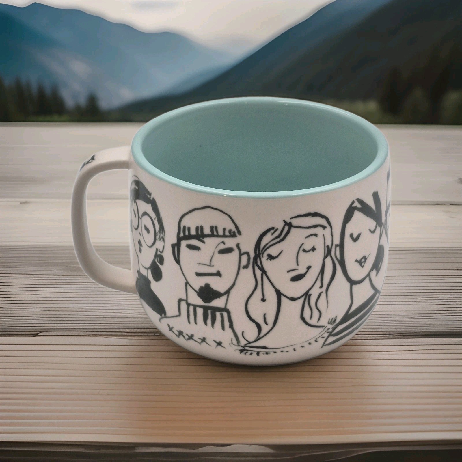 Anthropologie People Person Mug Black White Teal Interior 16oz 3″ Tall