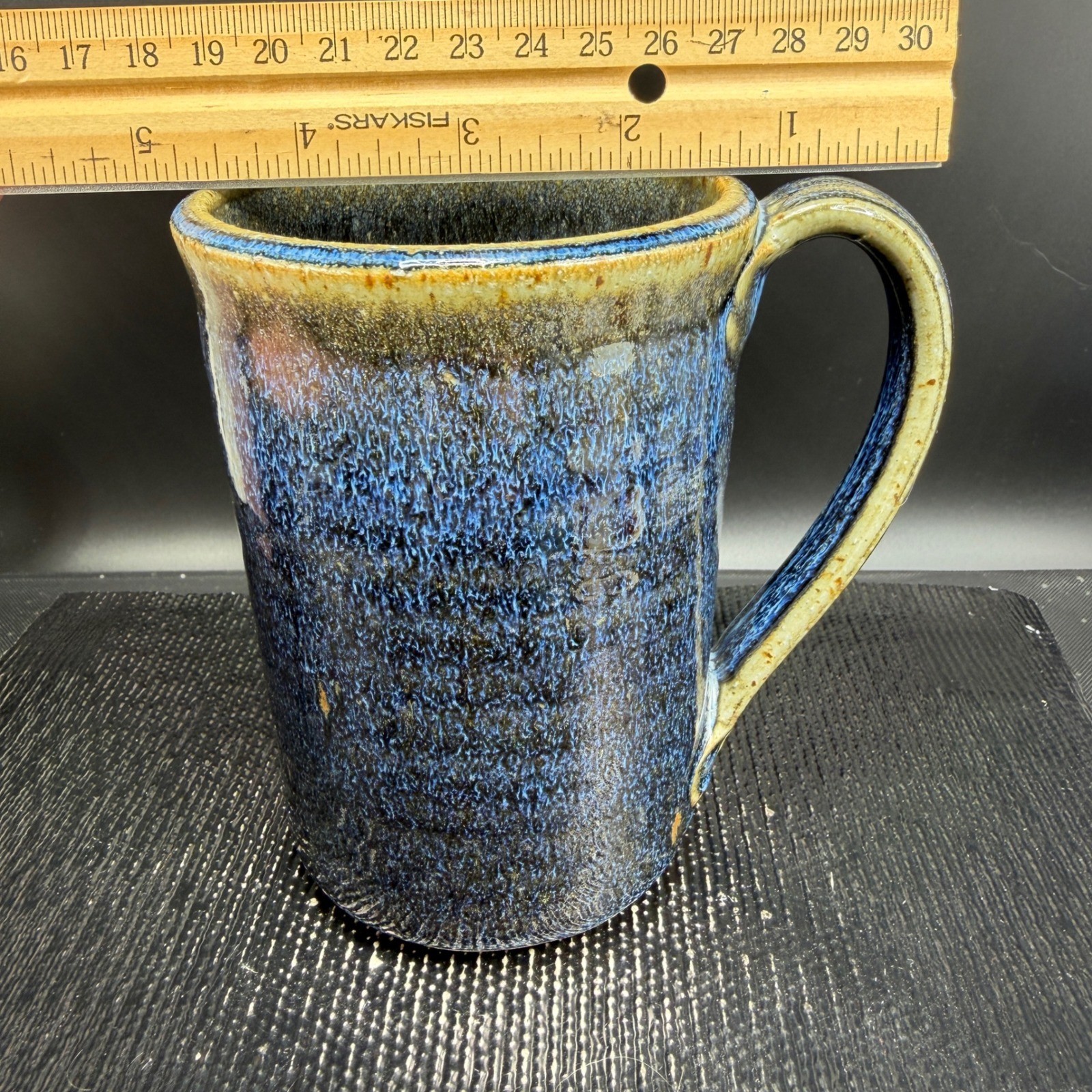 Studio Pottery Blue Tan Drip Glaze Stoneware Mugs Set of 2 Handcrafted 5in