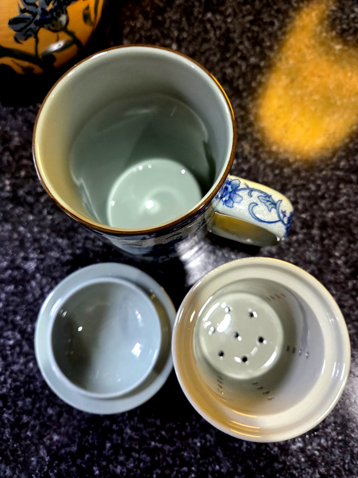 Three-piece Asian Ceramic Tea Cup Mug with Handle Lid Infuser 5.5″ Celedon Green