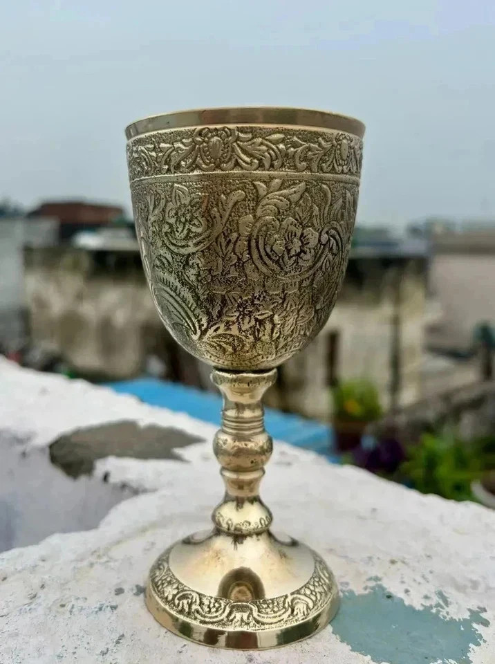 Brass Goblet Engraved Handmade Royal king Wine Cup Royal Glass 3 Unit