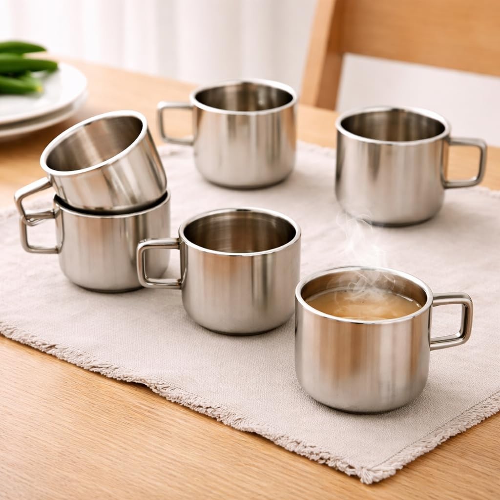 Set of 6 Stainless Steel Tea Cups 100ml Reusable Silver Coffee Mug Tumbler