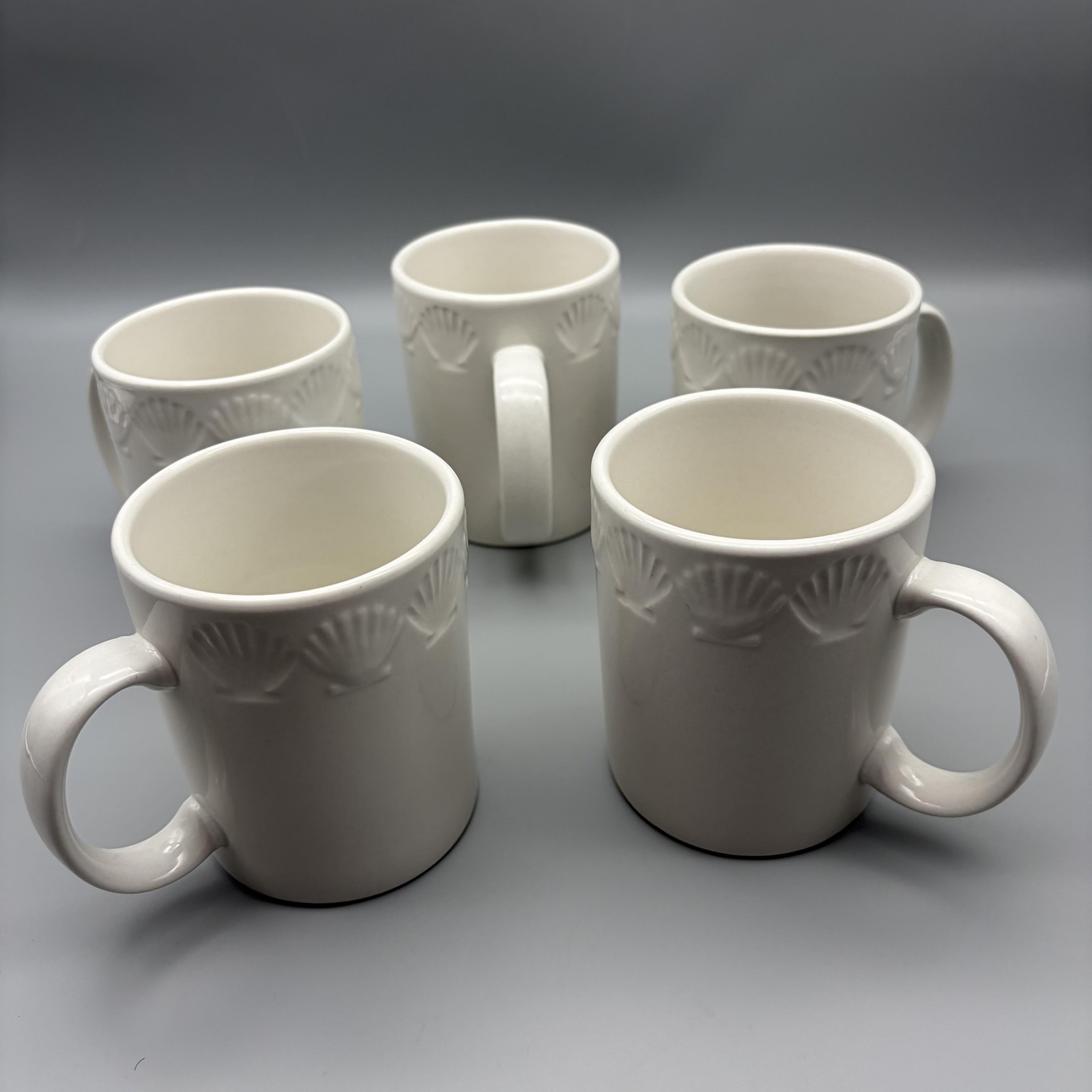 Gibson Ceramic Coffee Mugs Cups Set Of 5 White Embossed Seashell Beach Nautical