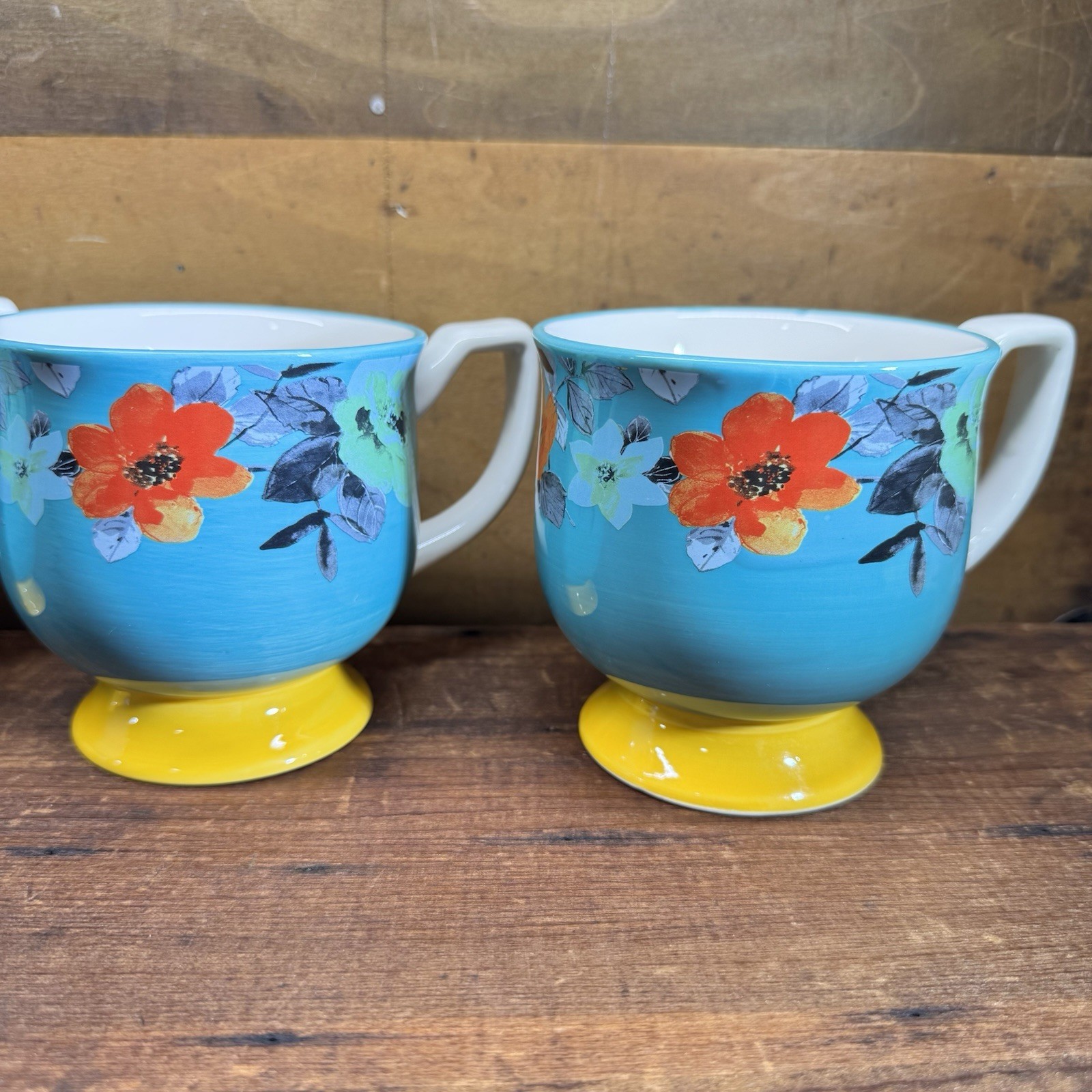 4 Pioneer Woman Mug Flea Market Footed Teal Yellow Flowers Turquoise Floral Farm