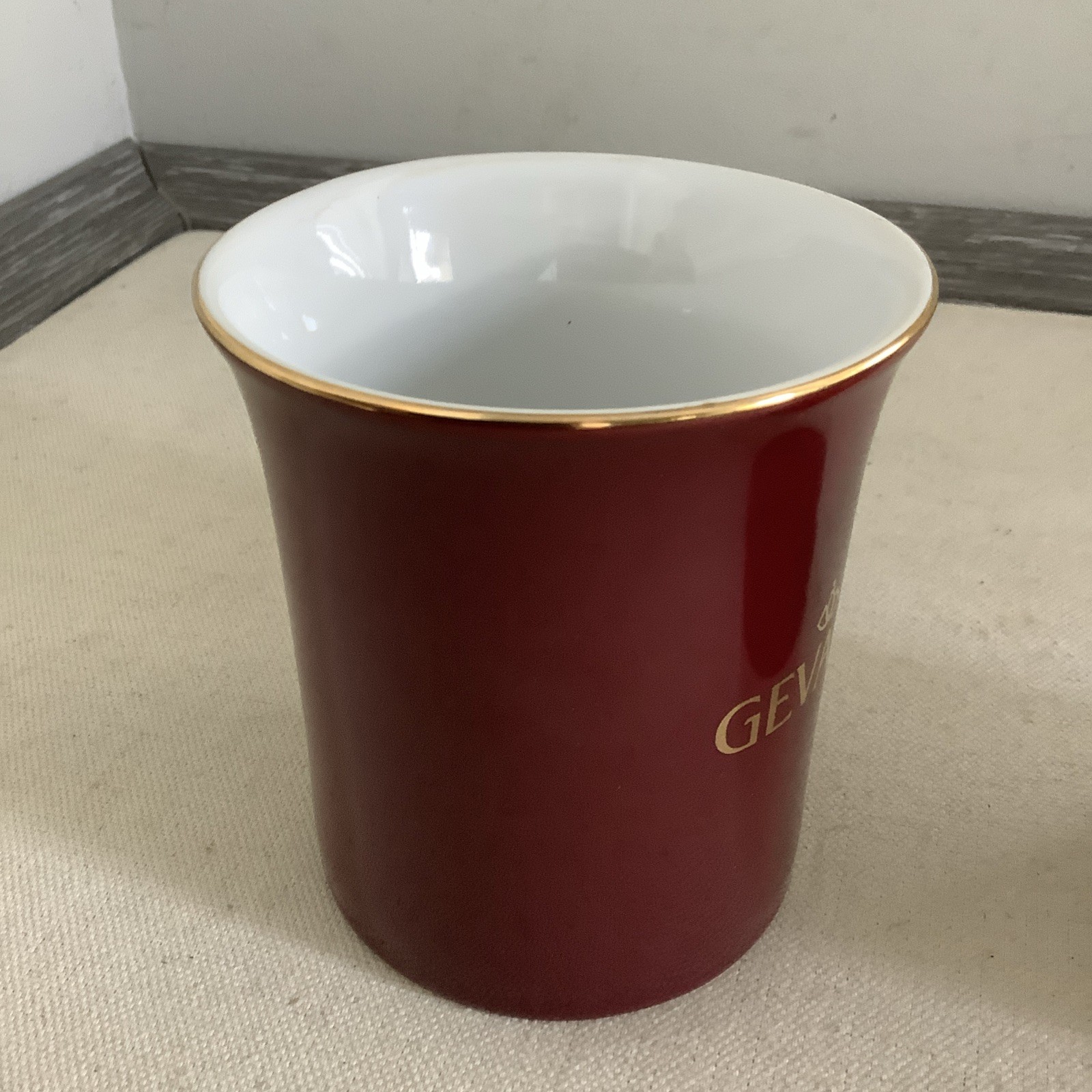NWOT Set (2) GEVALIA 10oz Burgundy Porcelain Coffee Mug w/ Gold Rim & Lettering