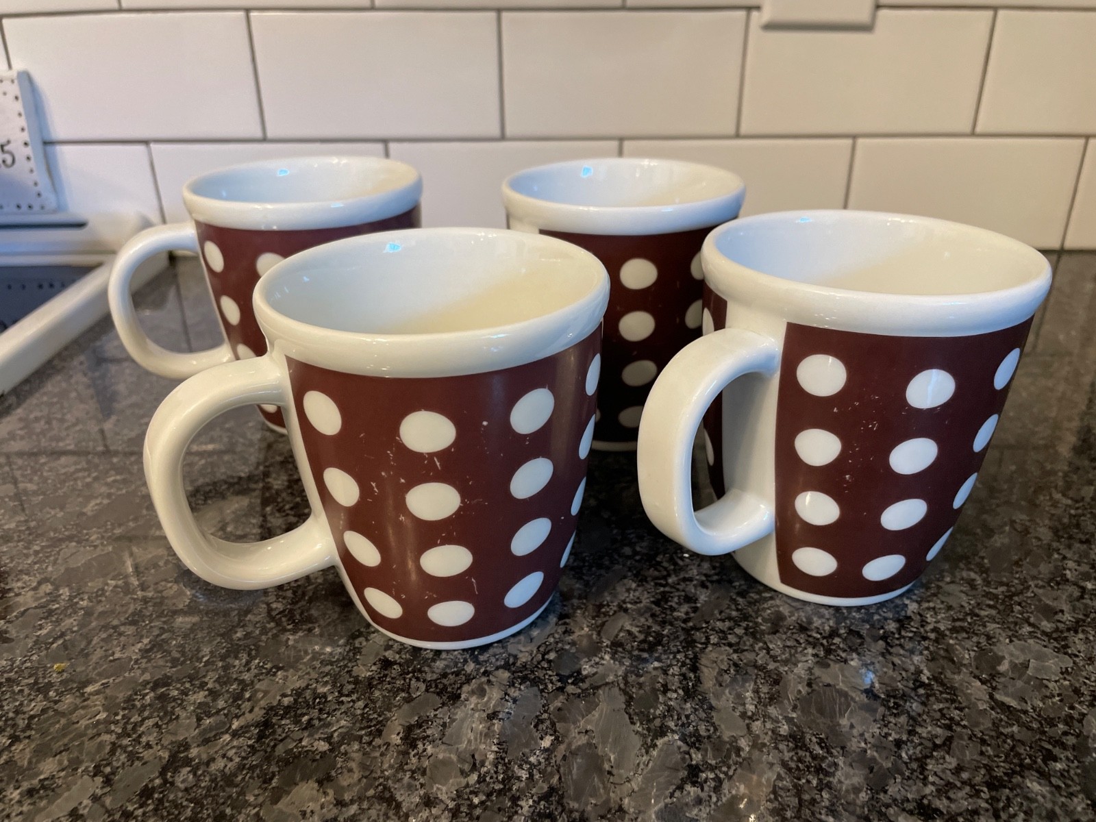 Vintage BODUM Ceramic Coffee Mugs Brown White Polka Dots Set of 4