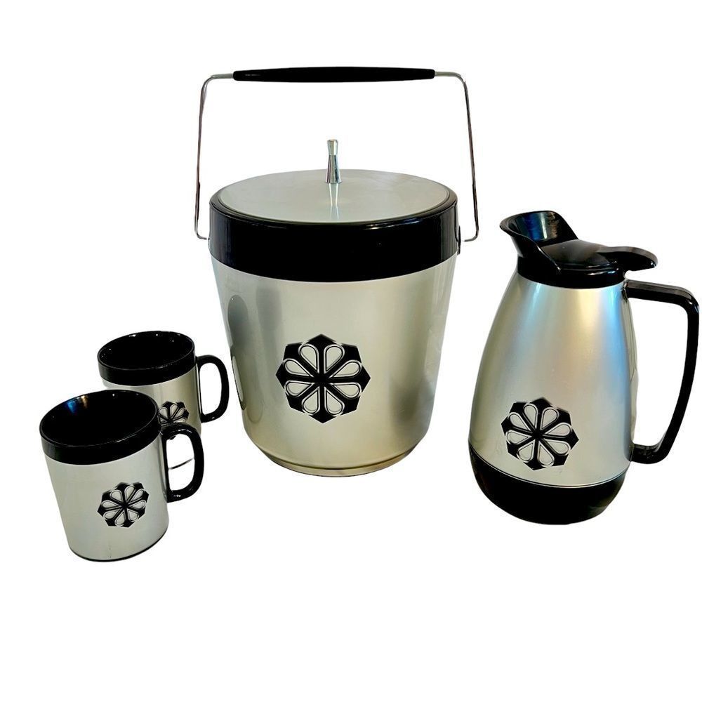 WEST BEND MCM Ice Bucket Carafe Mugs 6 Pc Set Silver Black Starburst The Jetsons