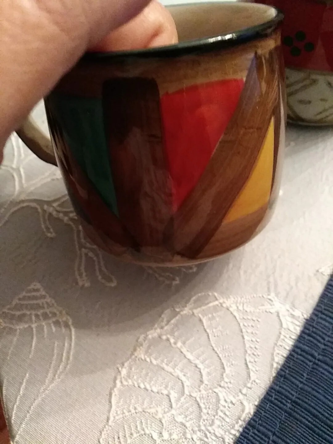Pair of graphic abstract design mugs with unknown mark mint condition ceramic