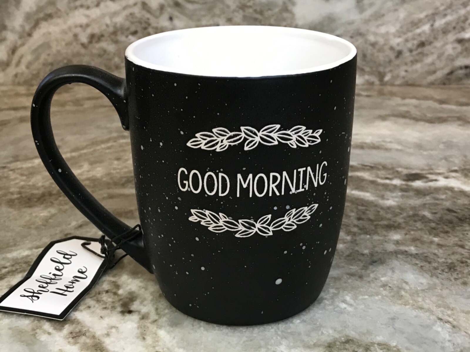 Large Coffee Mug Good Morning Black, White With Blue Speckles Sheffield Home New