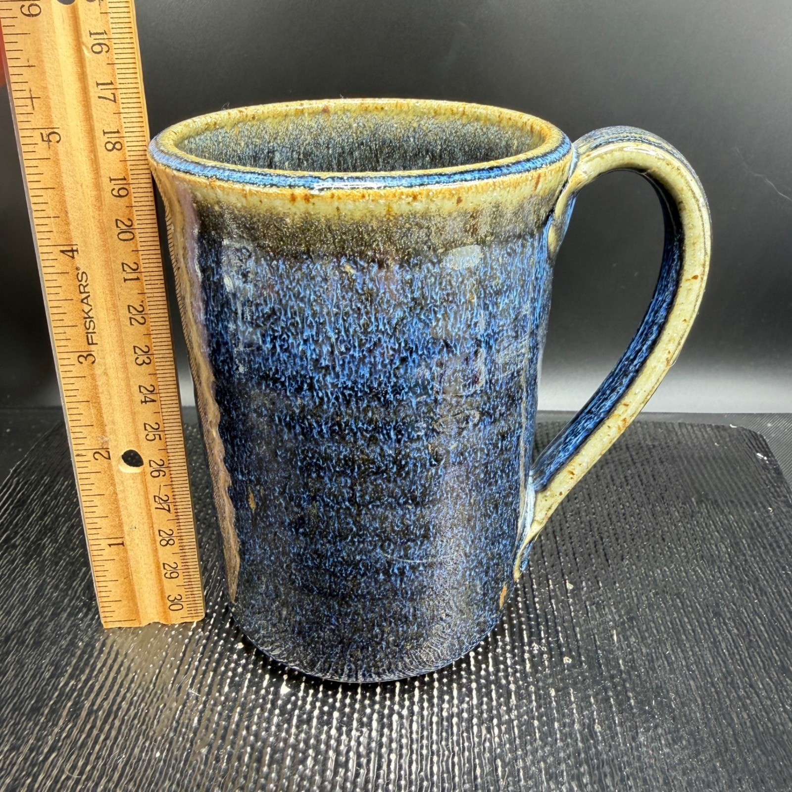 Studio Pottery Blue Tan Drip Glaze Stoneware Mugs Set of 2 Handcrafted 5in