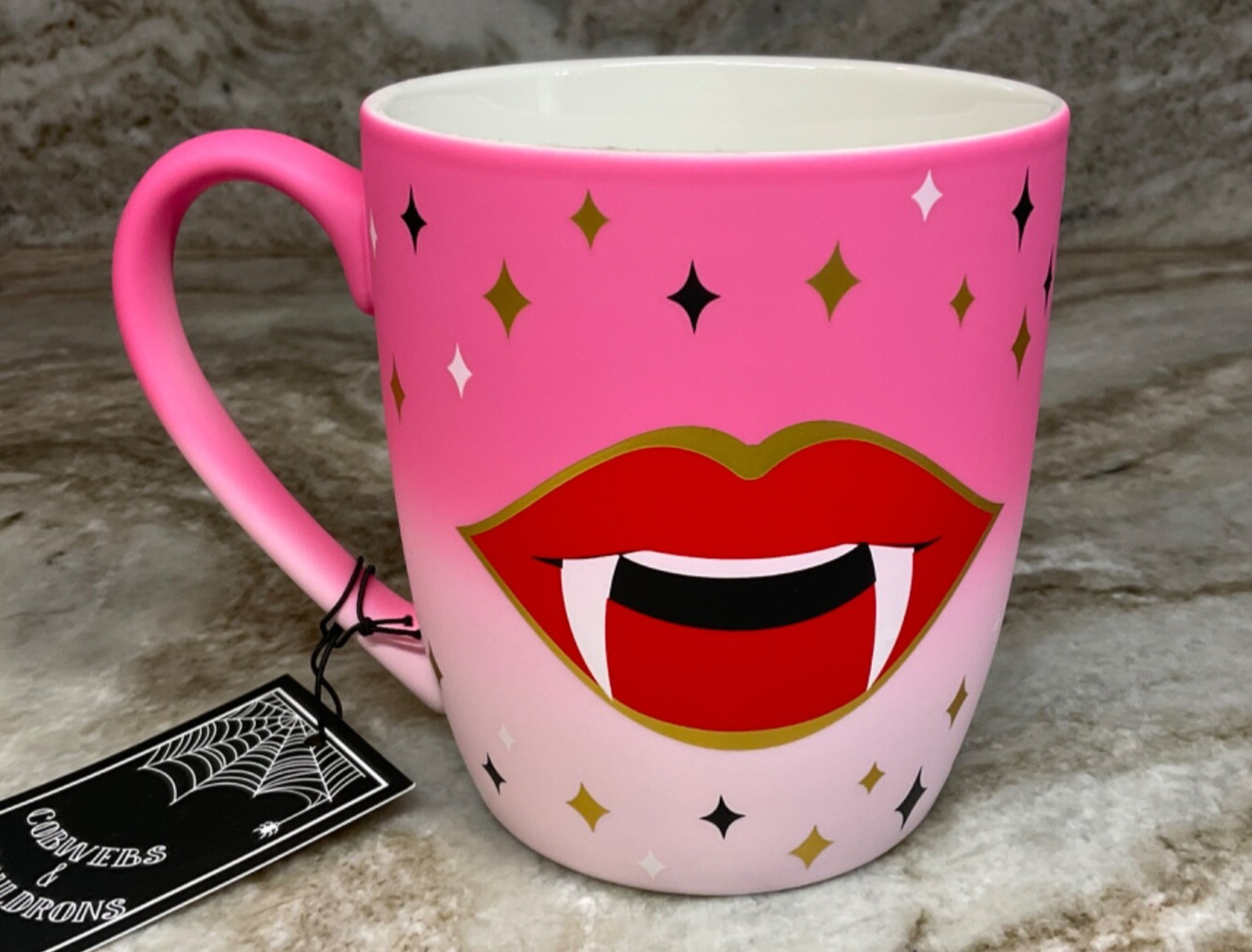 Halloween Coffee Mug Vampire Lips Cobwebs & Cauldrons Soft Touch Gold Stars New