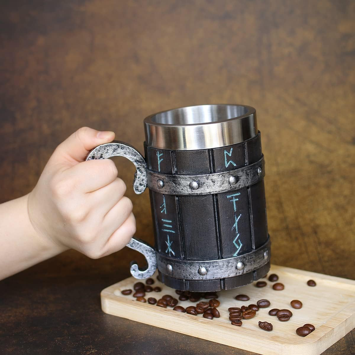Nordic Viking Mug,Oak Wooden Beer Stein Stainless Steel Liner,Nordic Mythology V
