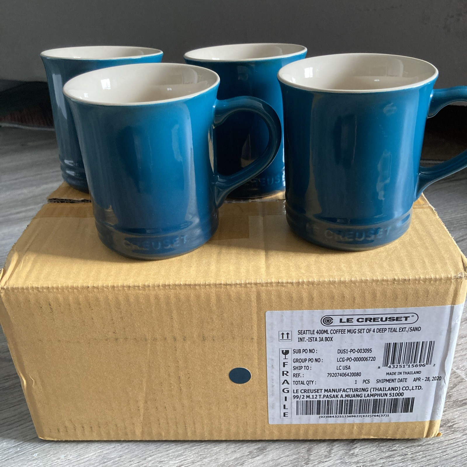 Le Creuset Coffee Mugs Set of 4 Color Deep Teal 400ml, 14 oz.