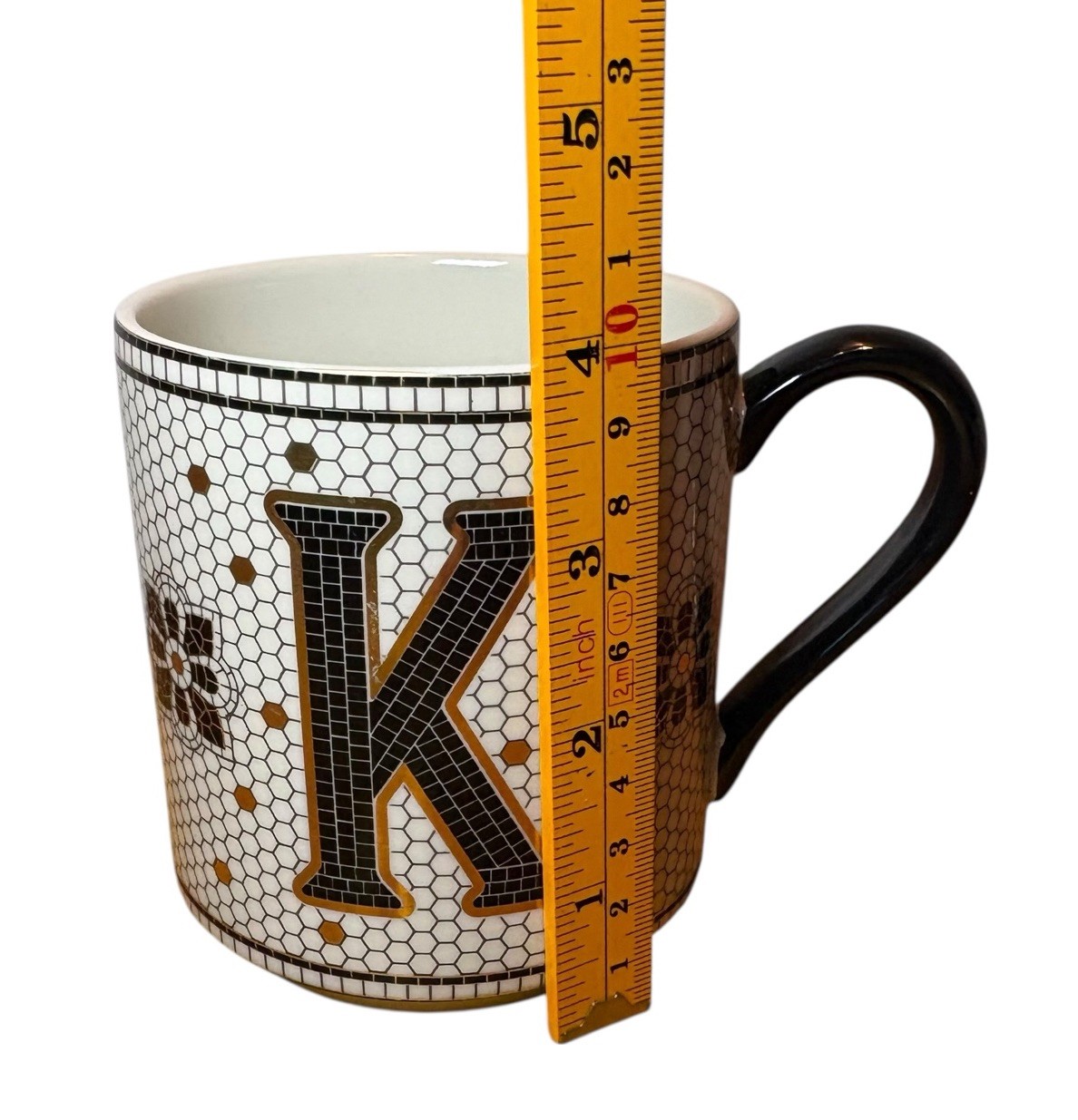 ANTHROPOLOGIE Bistro Tile Margot Coffee Mug Initial K Monogram Black Gold