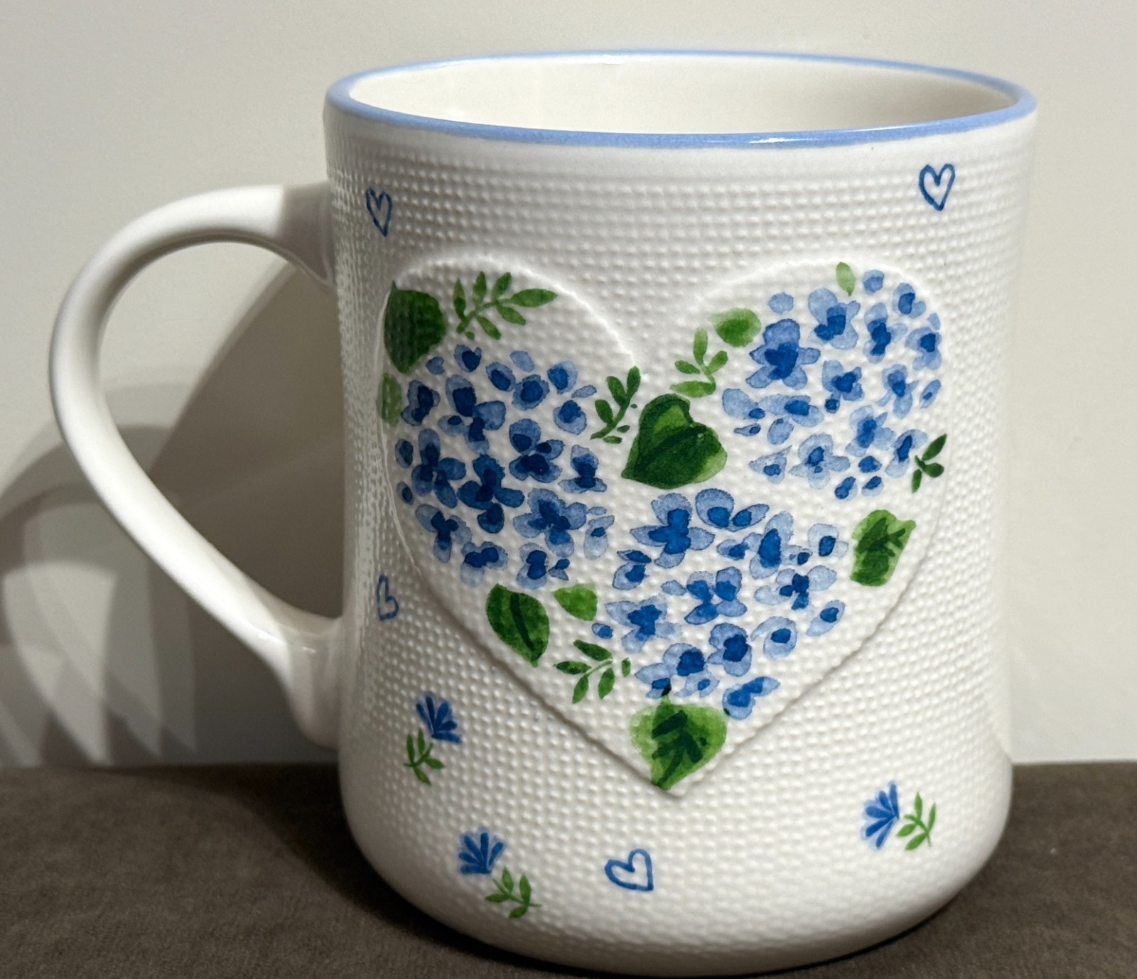 Petal & Pearl Blue Hydrangeas & Hearts Ceramic Mug with Dot Texture #675