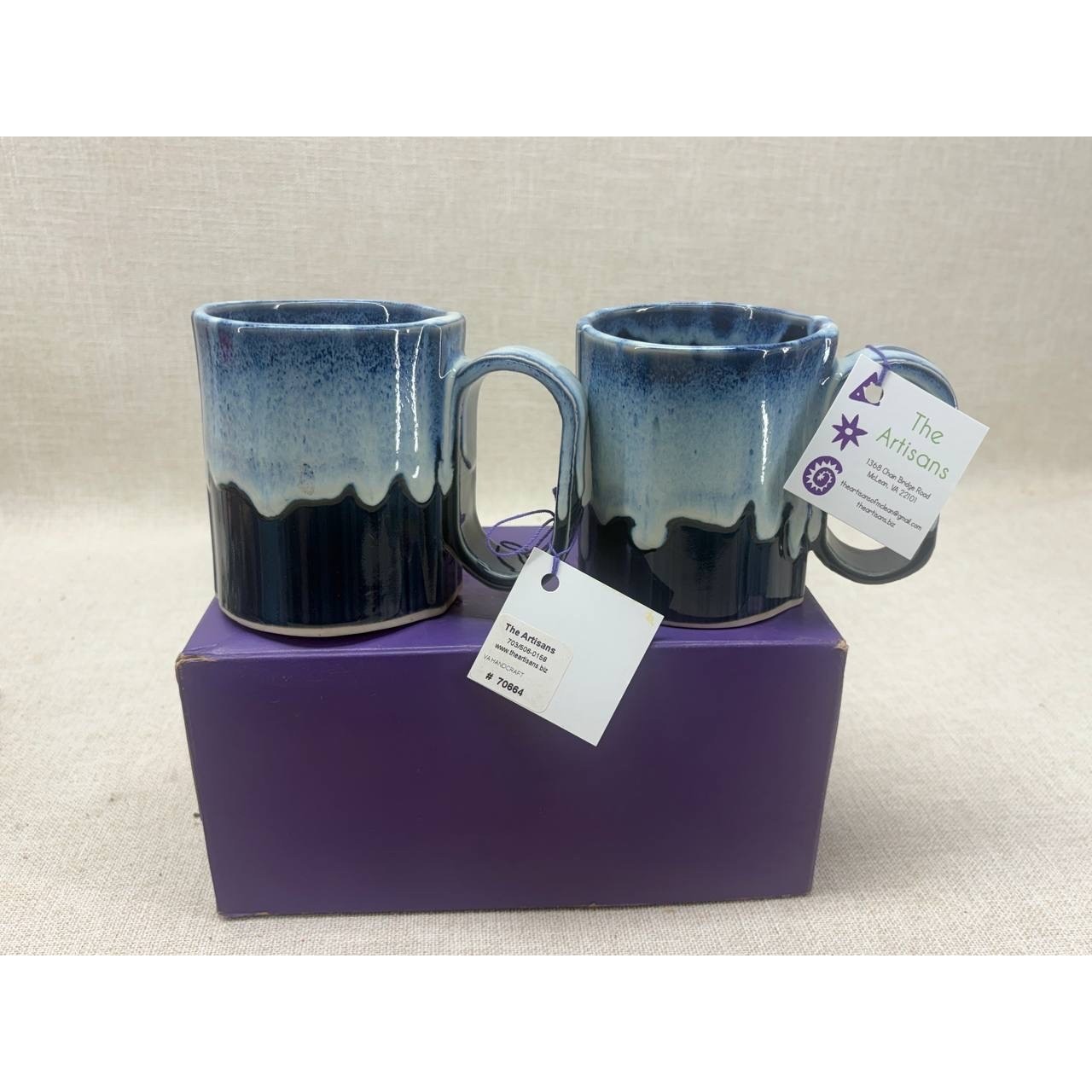 The Artisans Handcrafted Pottery Mug Set Blue Drip Glaze Ceramic New