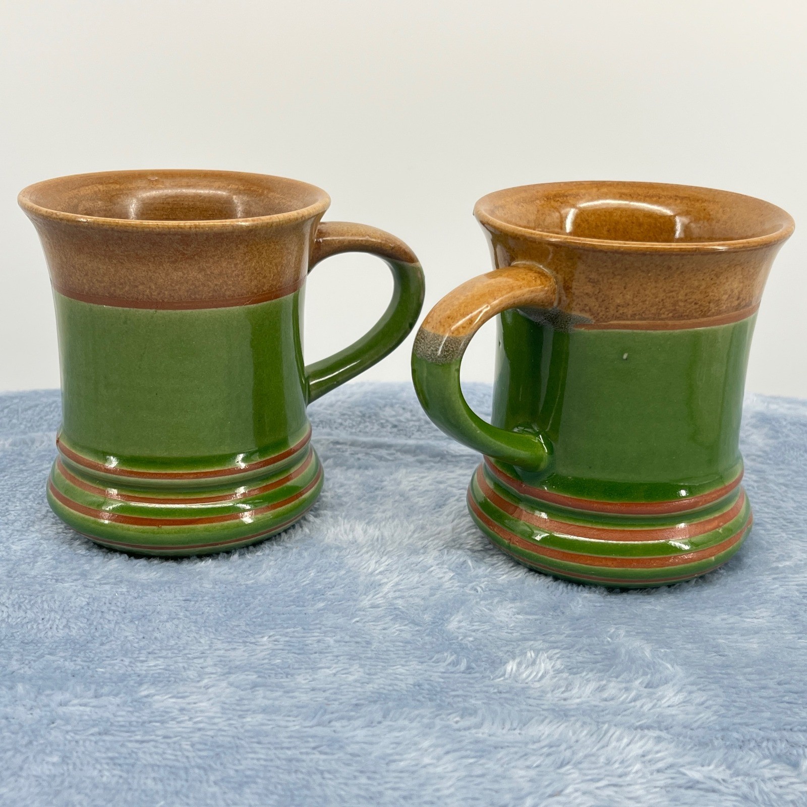 Mid Century Modern Japanese Green & Brown Stoneware Mugs – Set of 2