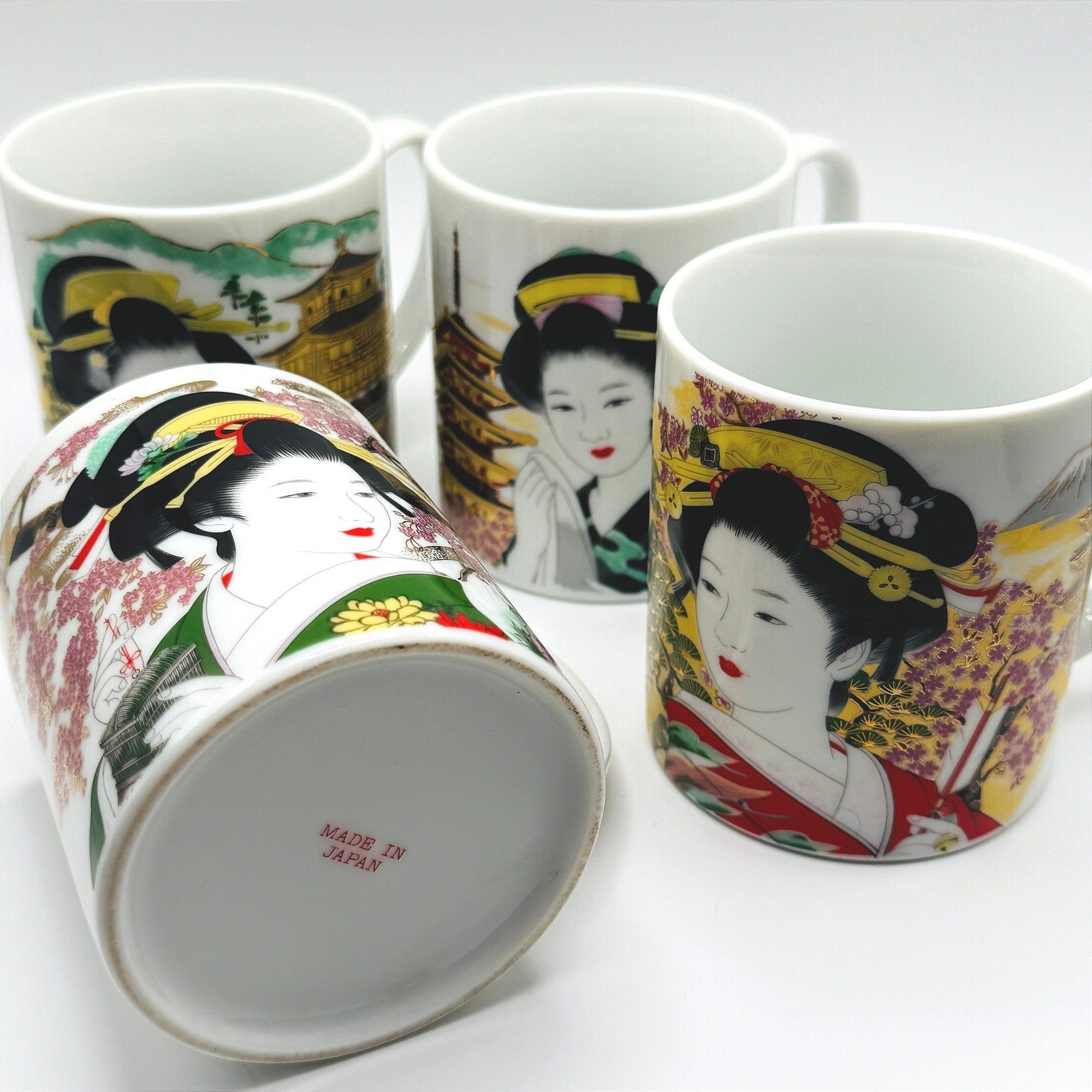 Japan Traditional Geisha Mugs Gold Gilt Mt Fuji Cherry Blossom Pagoda Coffee Tea