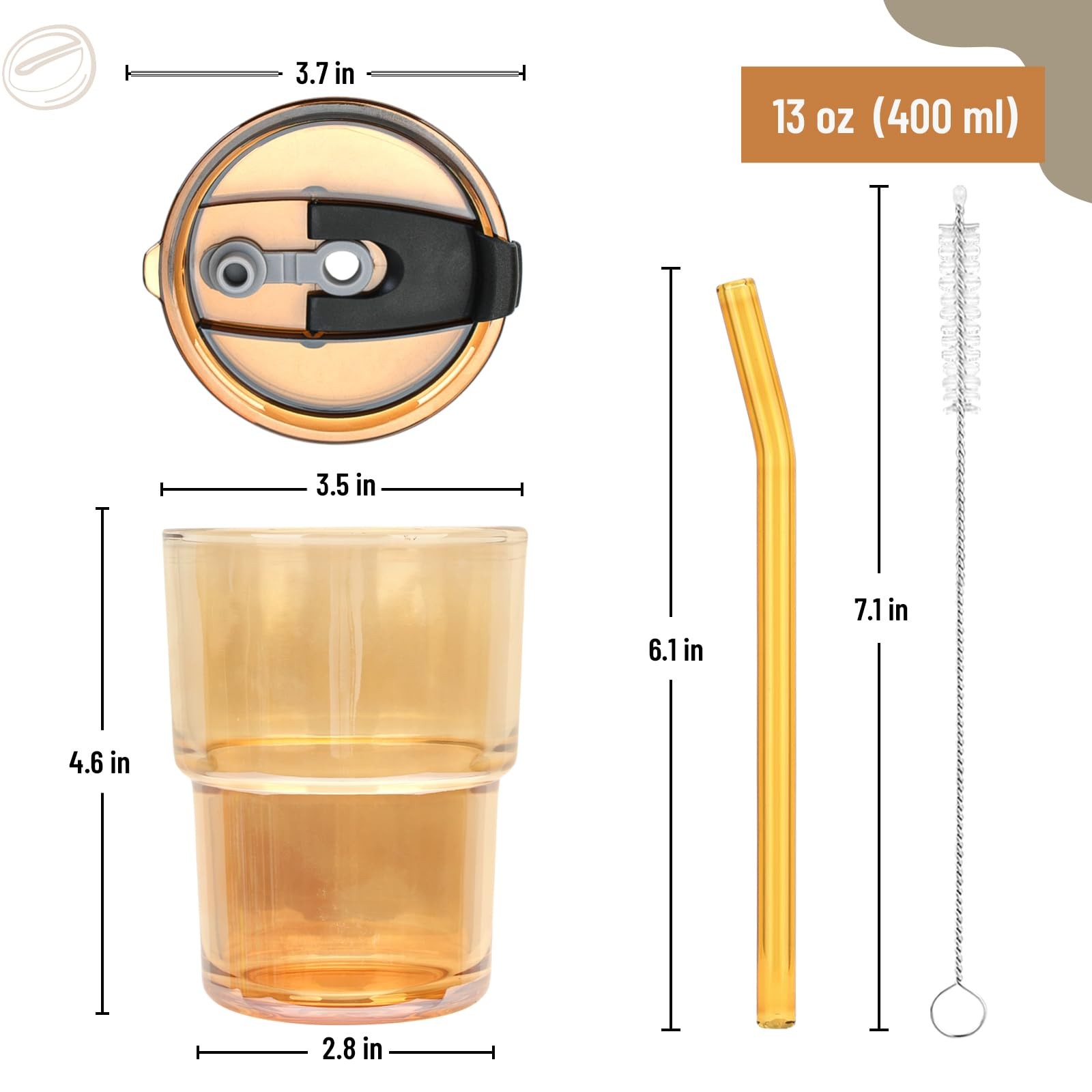 Cafezi 13 oz Amber Glass Tumbler with Lid & Straw, 2 Pack