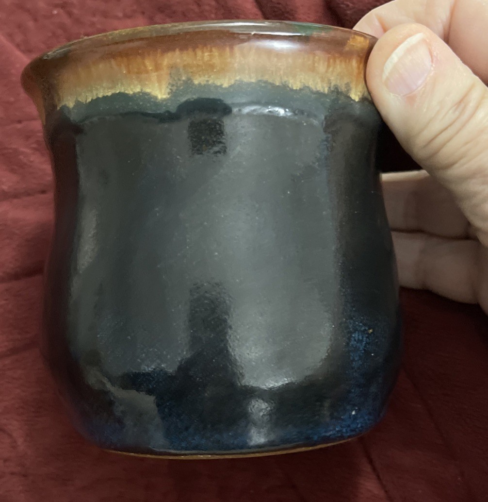 Handmade Studio Pottery Cup Mug Deep Blue Brown Drip Glaze Artisan Signed Heavy