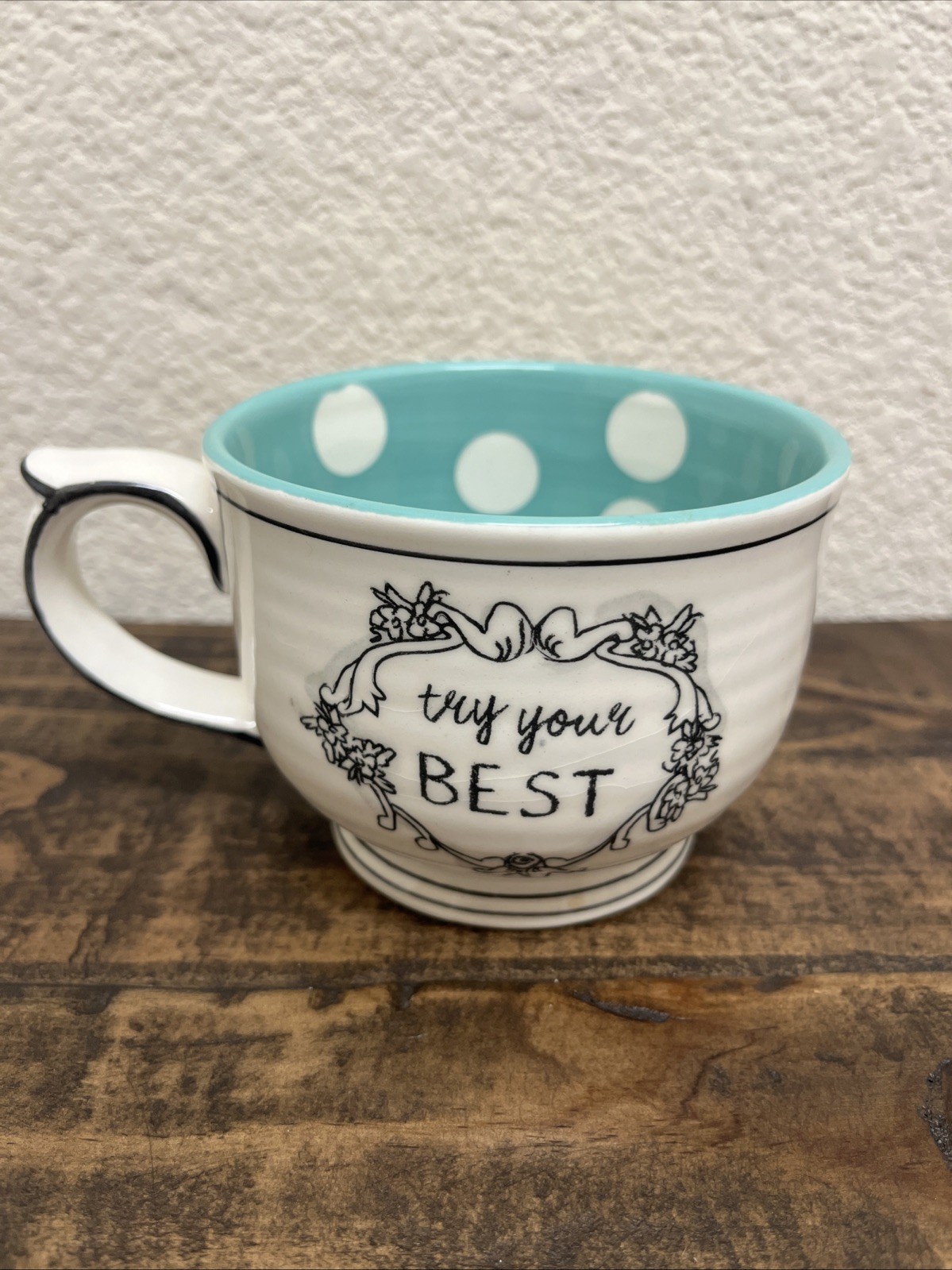 Anthropologie Katie Mandy “Try Your Best” Coffee Mug Tea Cup Polka Dot 14oz
