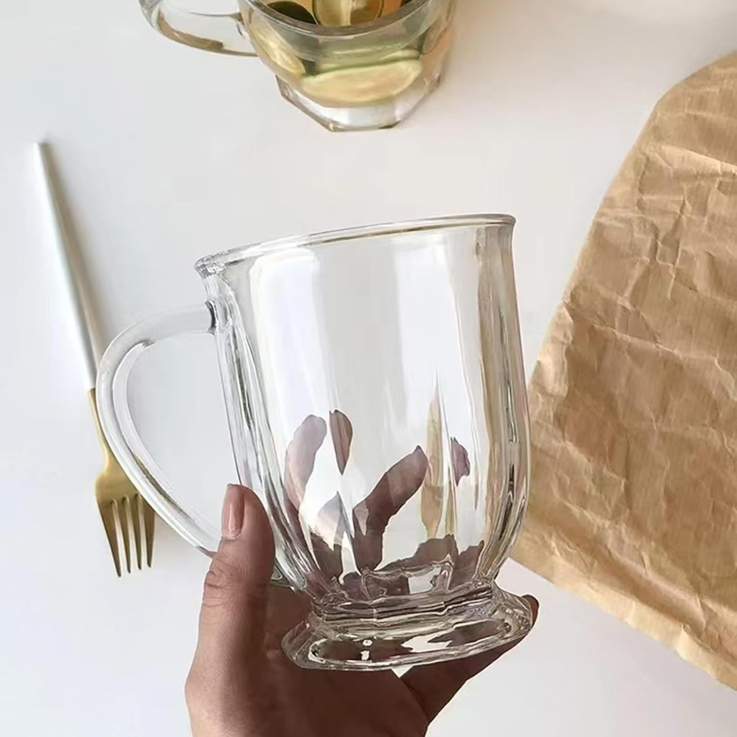 Clear Glass Coffee Mugs Set of 4, 16 OZ Large Glass Beer Cups with Handle,Bot…