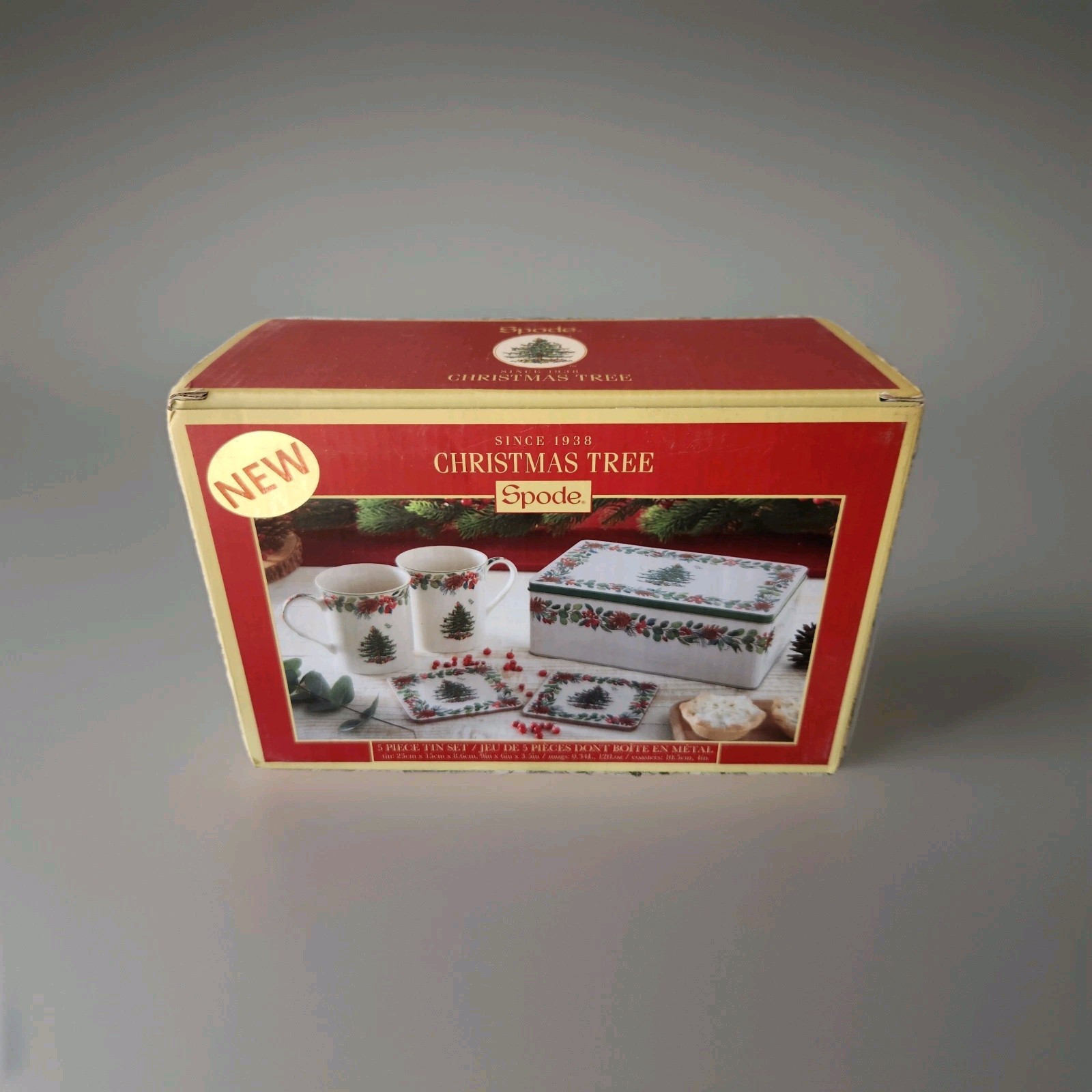 Spode Christmas Tree Collection Tin Set Mugs & Coasters 5-Piece Set NEW