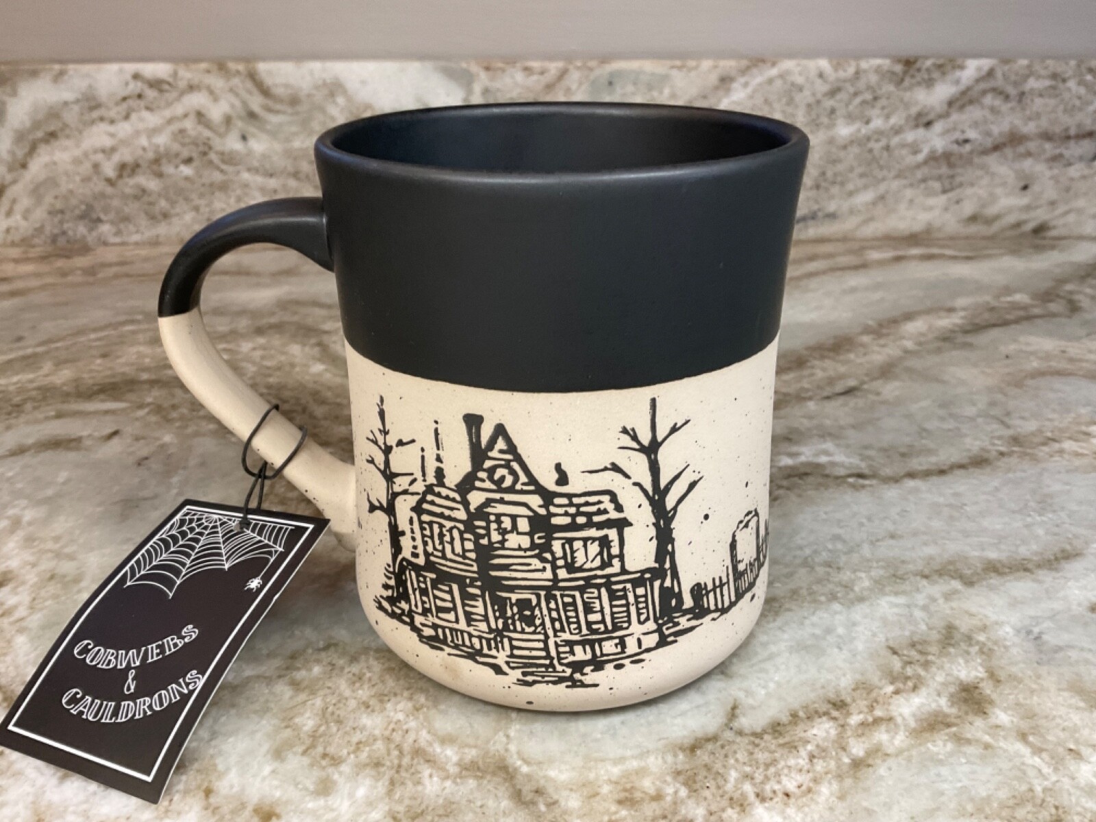 Large Coffee Mug Halloween Scary Haunted House. Cobwebs & Cauldrons New
