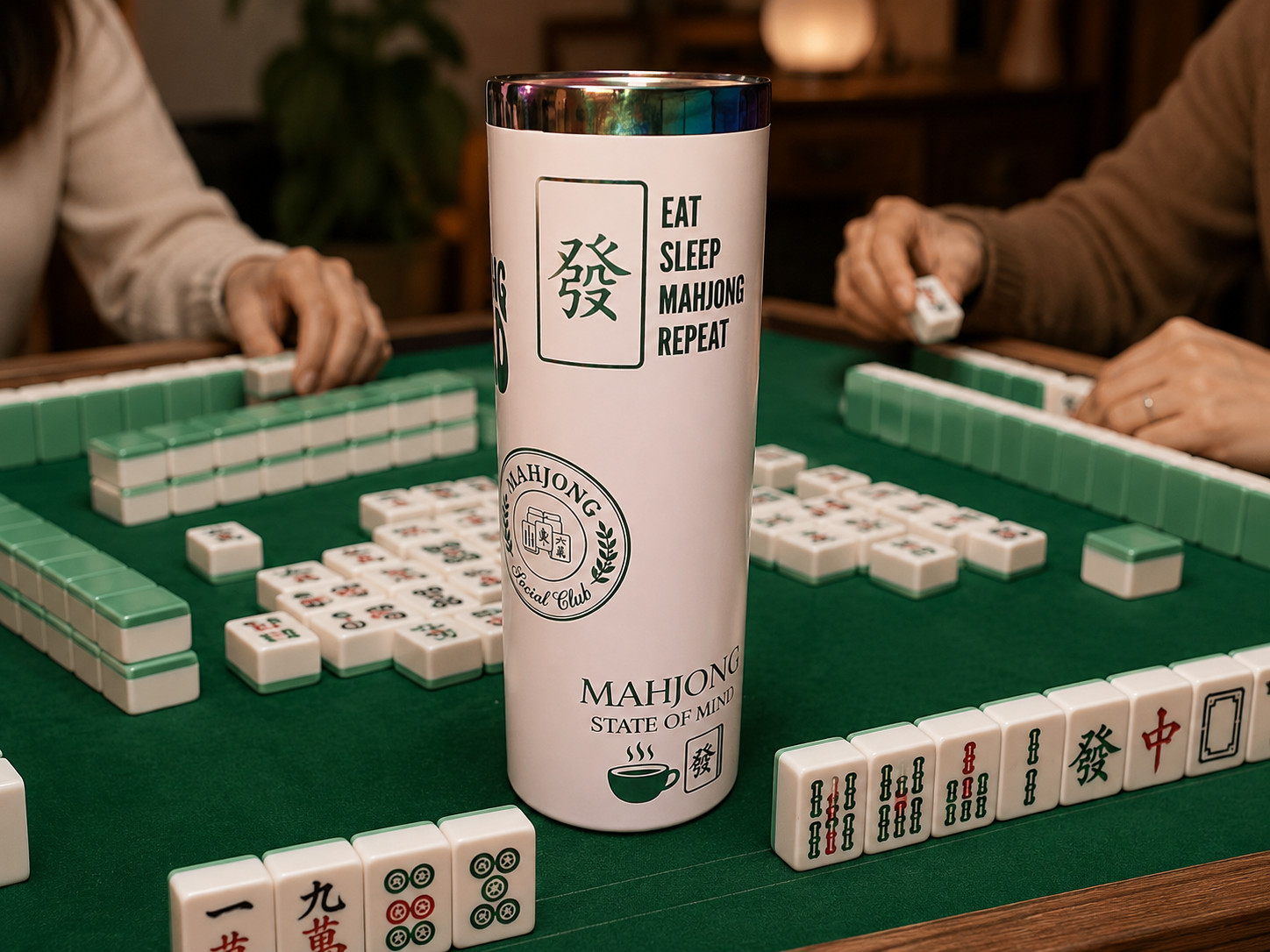Premium Mahjong Themed 20 oz Vacuum Sealed Skinny Tumbler with Lid and Straw