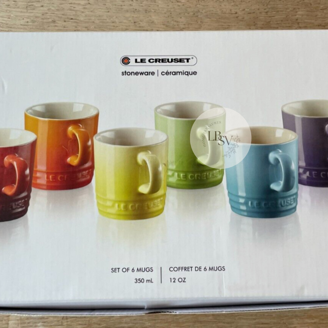 Le Creuset Stoneware Rainbow Multicolor Set of 6 12 oz London Coffee Mugs NEW