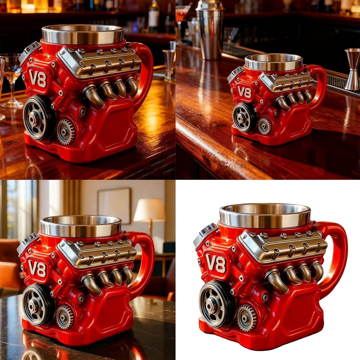 V8 Engine Coffee Mug Cup Retro Stainless Steel Interior Gift Automotive