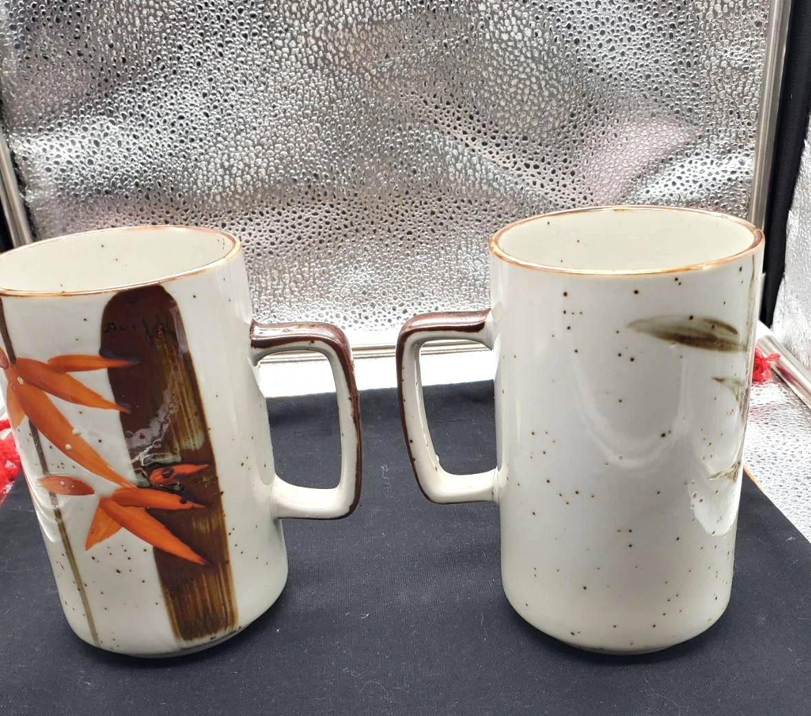 VTG Otagirl Tall Stackable Mugs Set Of 2 Birds Bamboo Speckled Japan 70s Ceramic