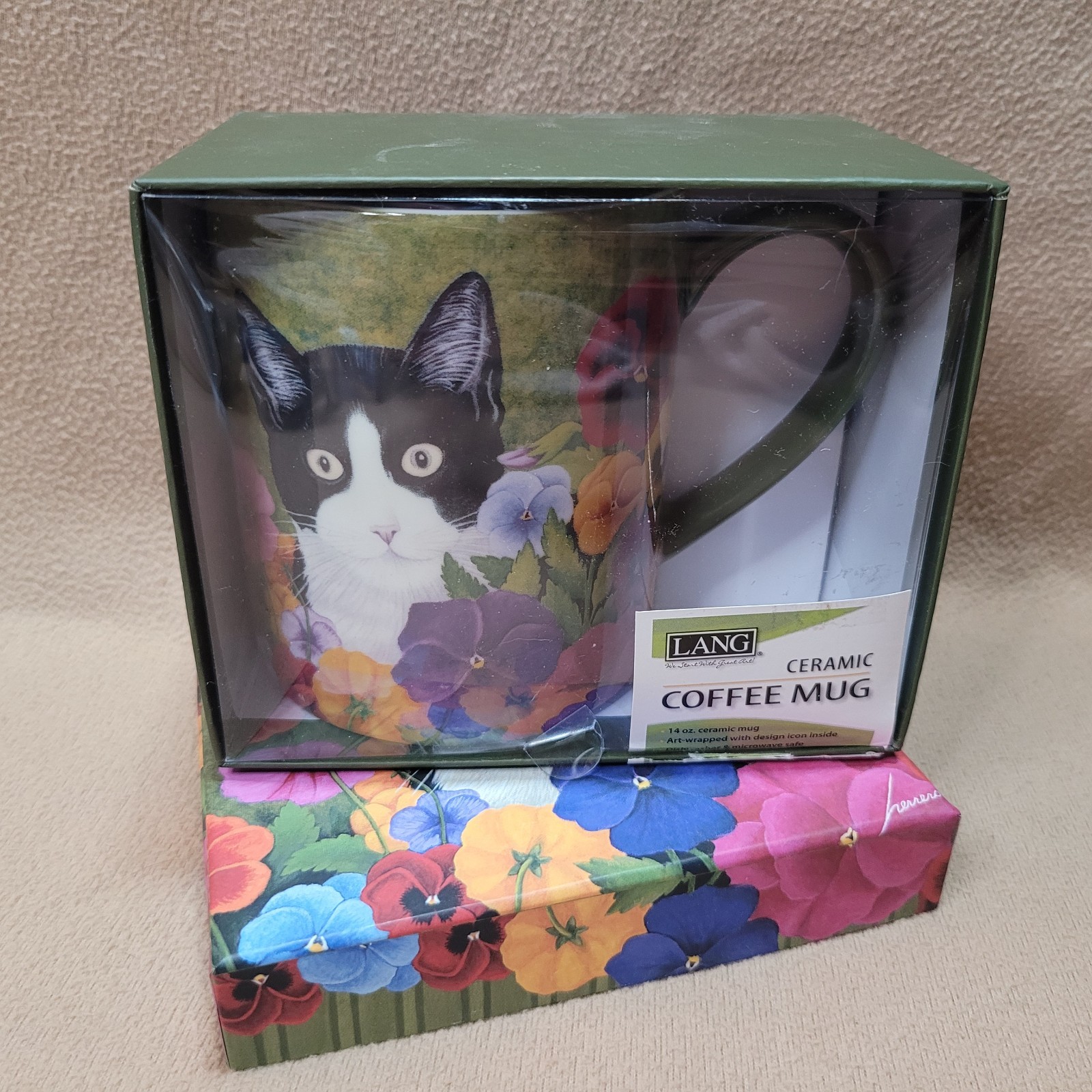Tuxedo Cat Pansy Flowers Ceramic 14 oz Mug w/ Matching Gift Box Lang 2012