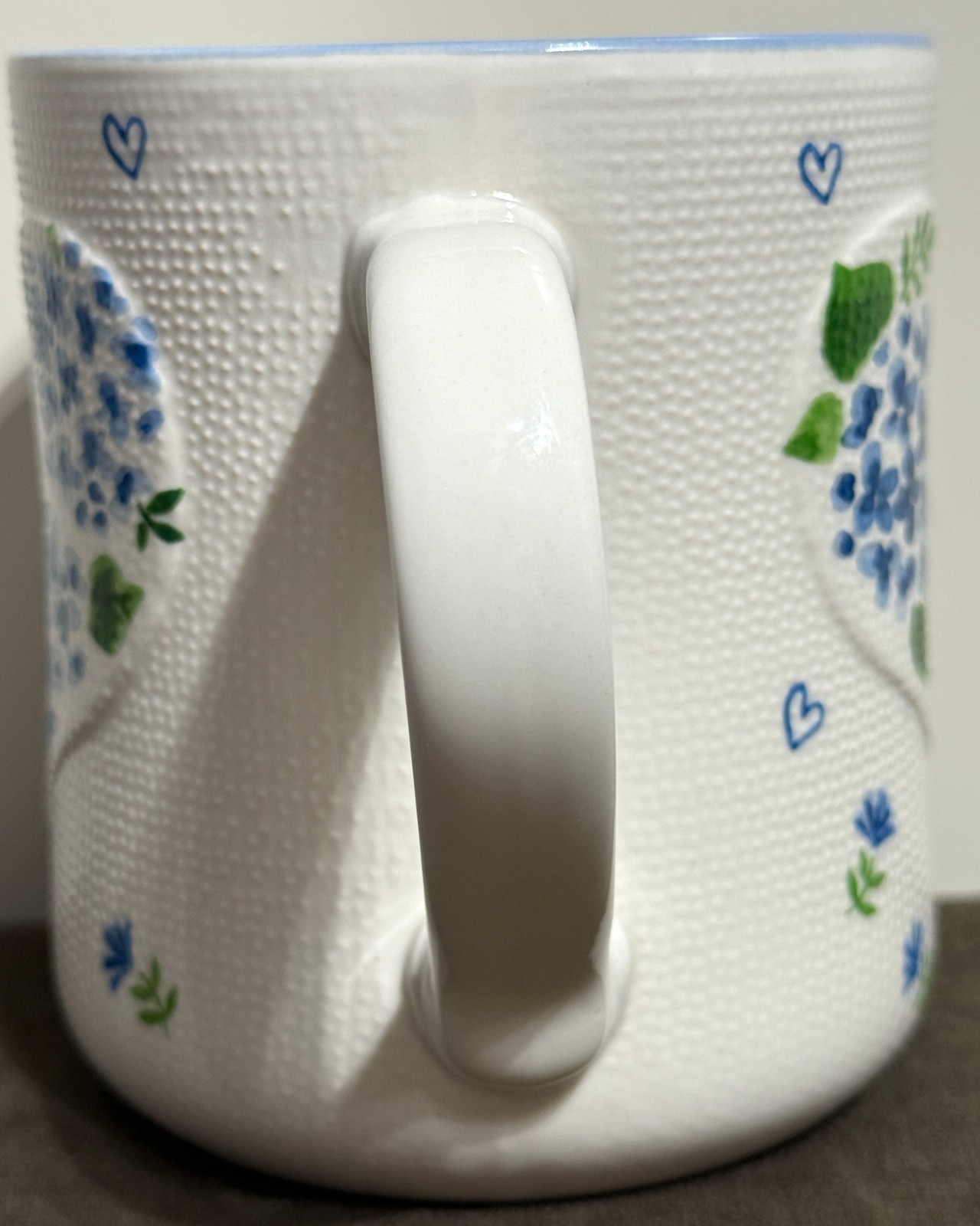 Petal & Pearl Blue Hydrangeas & Hearts Ceramic Mug with Dot Texture #675