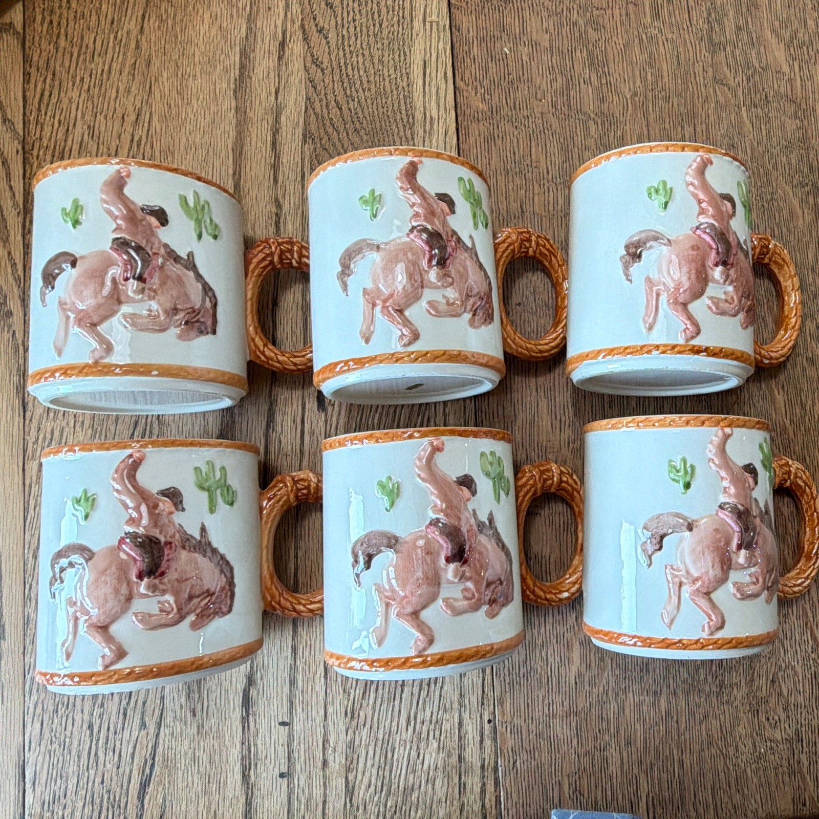 Vintage Set of 6 Western Cowboy Bucking Bronco & Cactus Ceramic Mugs